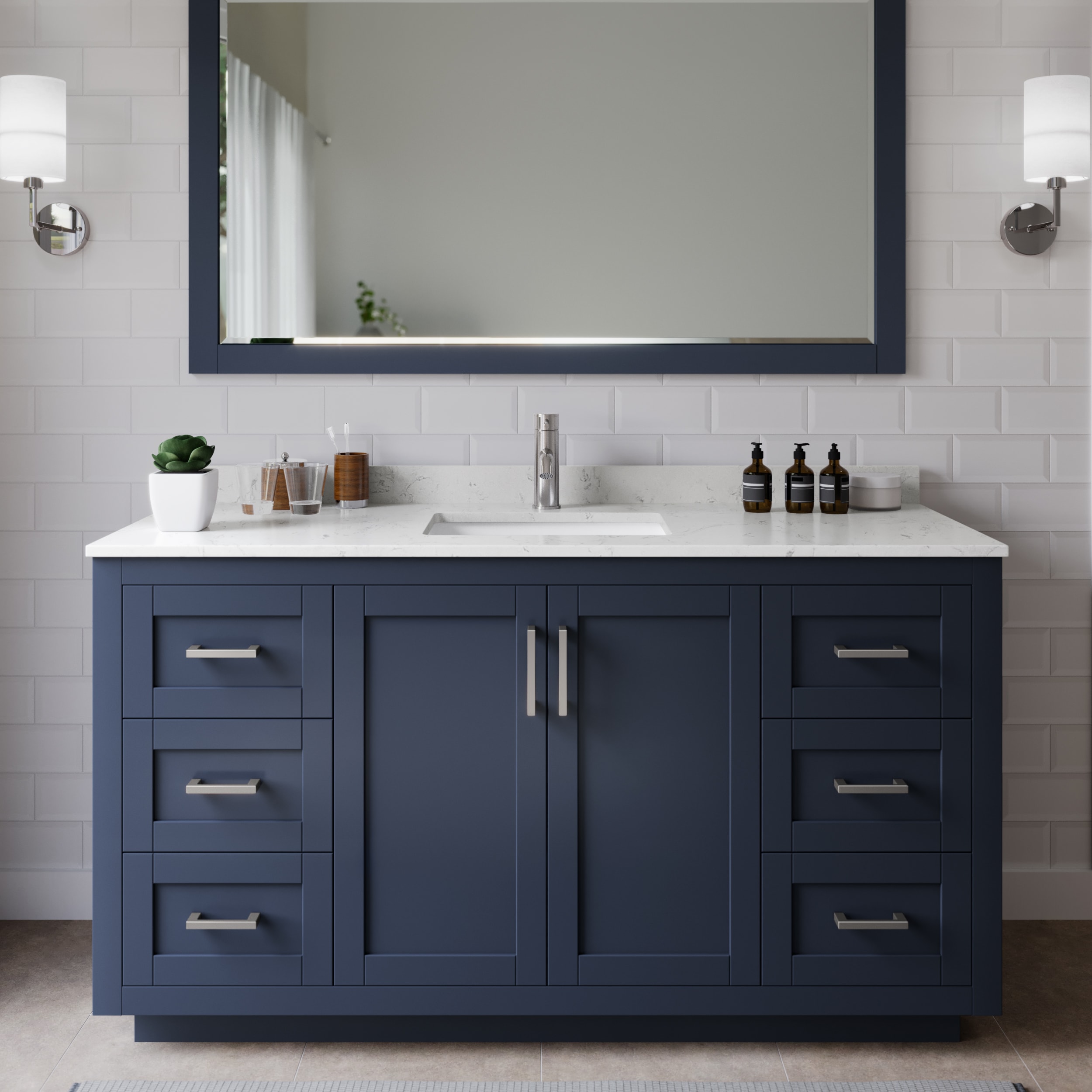 Wyndham Collection WCF292960SBNC2UNSM58 Miranda 60-in Dark Blue with Brushed Nickel Trim Undermount Single sink Bathroom Vanity with Carrara Cultured Marble Cultured marble Top (Mirror Included)