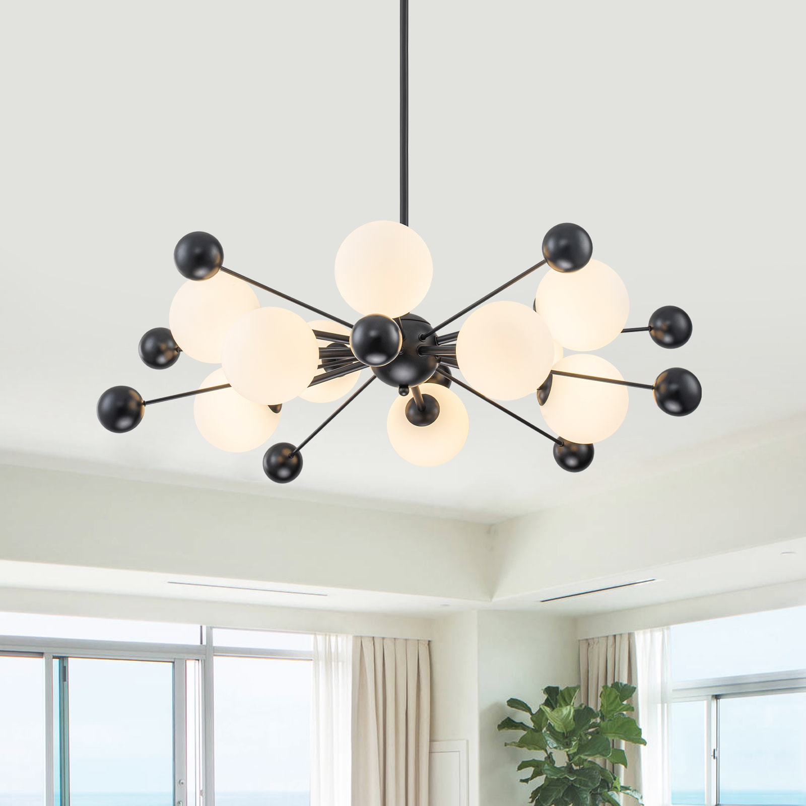 MENCOLULU 31.5 inch Sputnik Chandelier With Opal Glass and Metal Globes 10 -Light Black Metal Chandelier