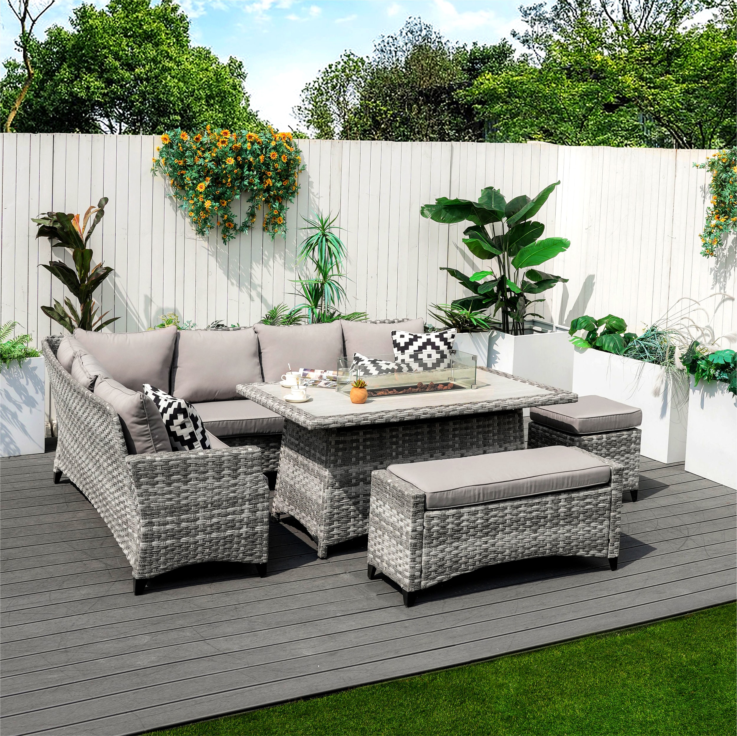 Moda Furnishings MAF-2001 5 -Piece Wicker 2 Patio Sofa Conversation Set with Gray Cushions