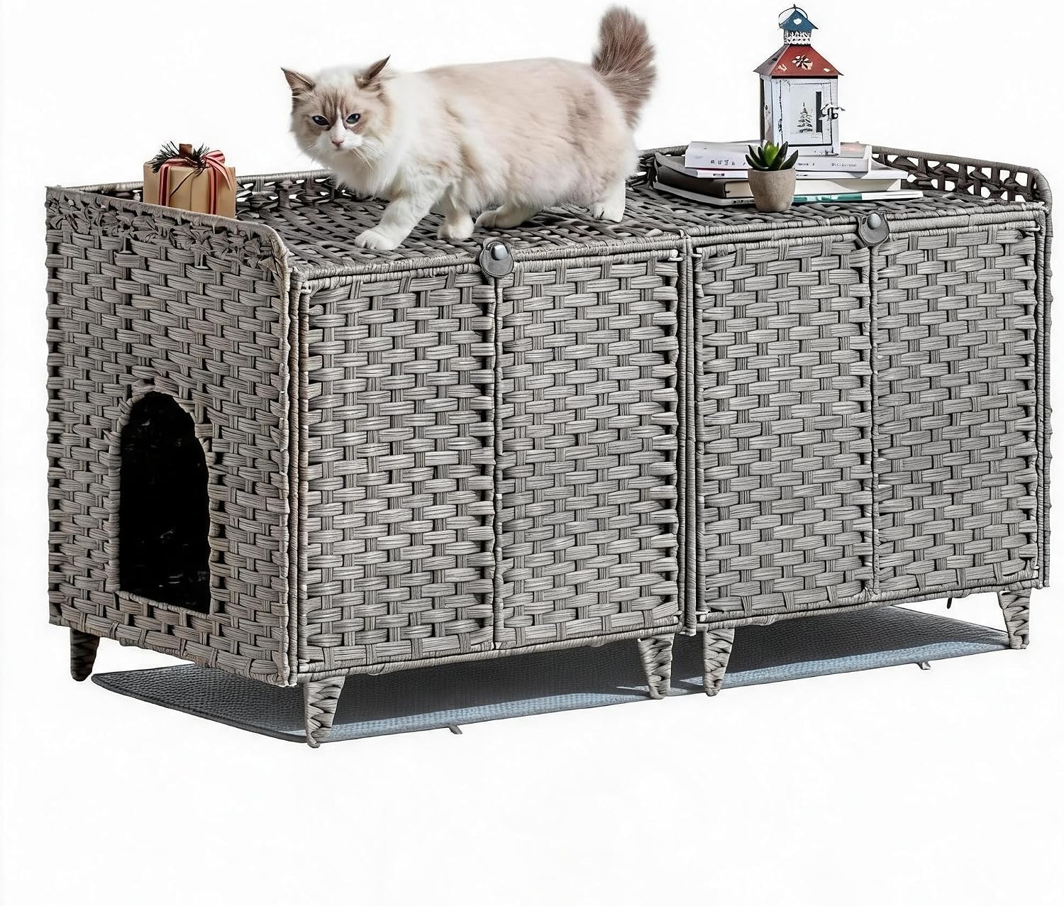 GarveeLife - Grey Handwoven Double Rattan Cat Litter Enclosure-with Access Doors Litter Mat 2 S H...