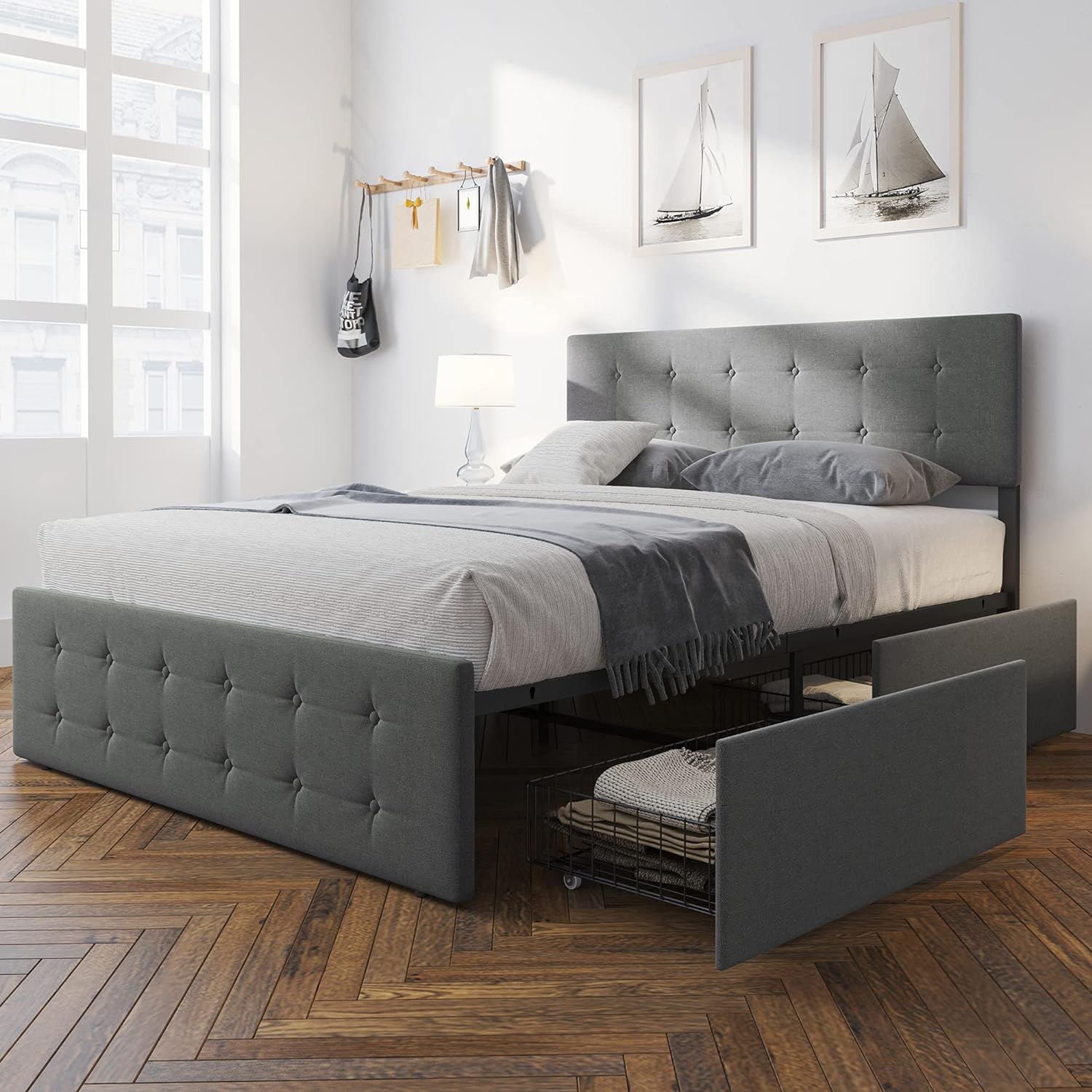 Garvee Gray Queen Wood And Metal Platform Bed With Storage In The Beds ...