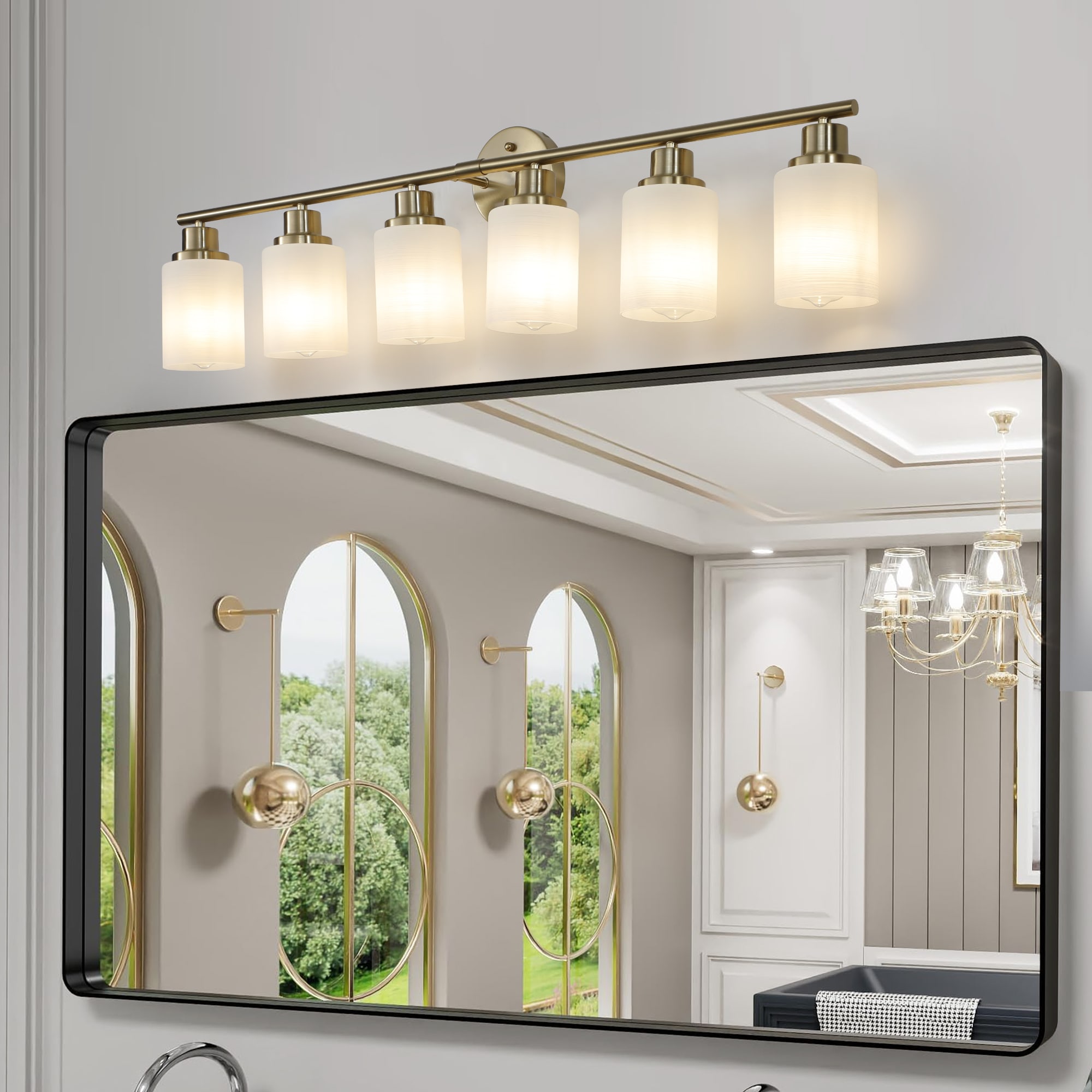Zitrend 39-in Gold Bathroom Vanity Light Modern 6-Light Brushed Brass Steel Wall Fixture with Frosted Glass Cylinder Shades for Mirrors