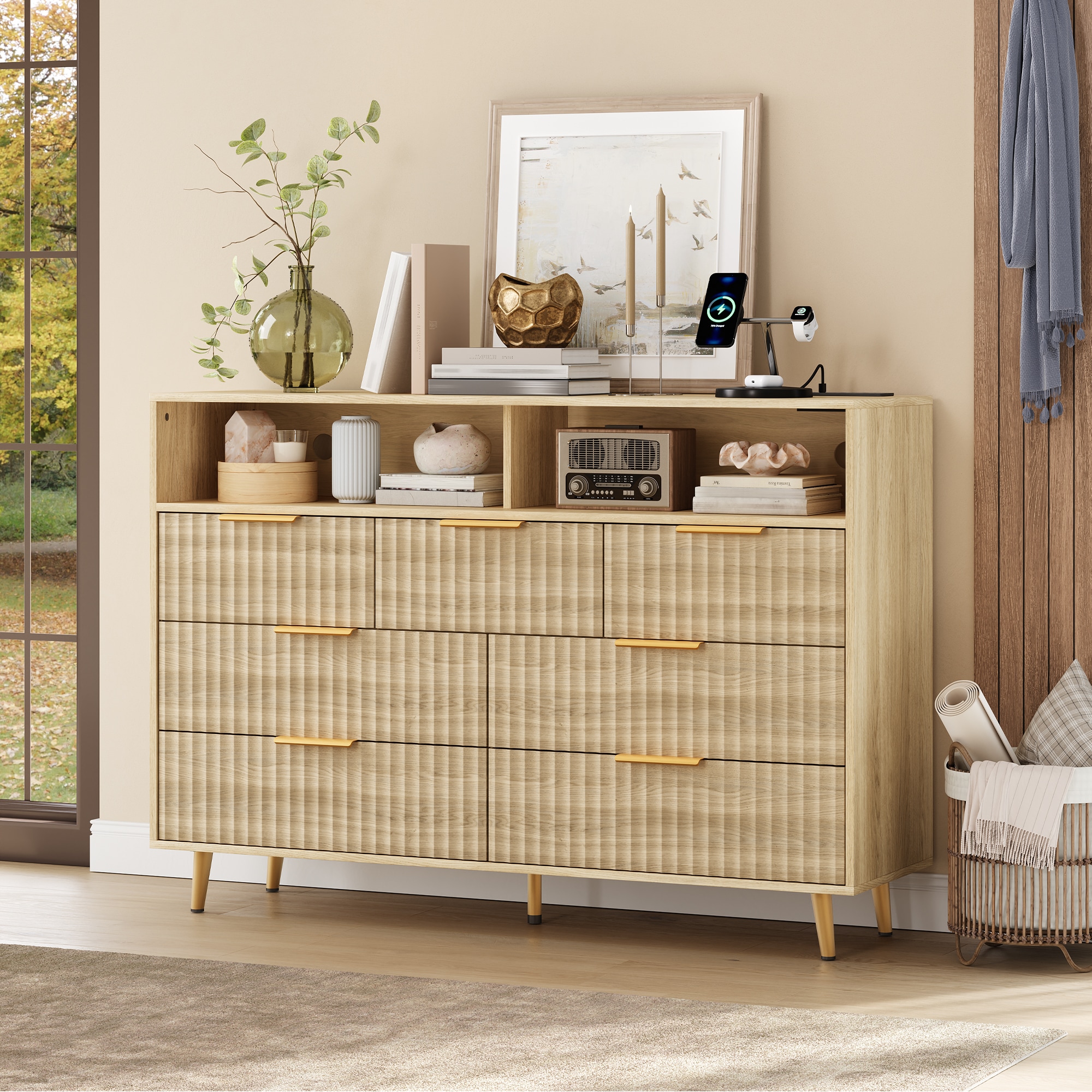 golden oak dresser IdealHouse 54 Inch Modern Fluted - 7 Drawers with LED Lights and Charging Station 1990s dresser