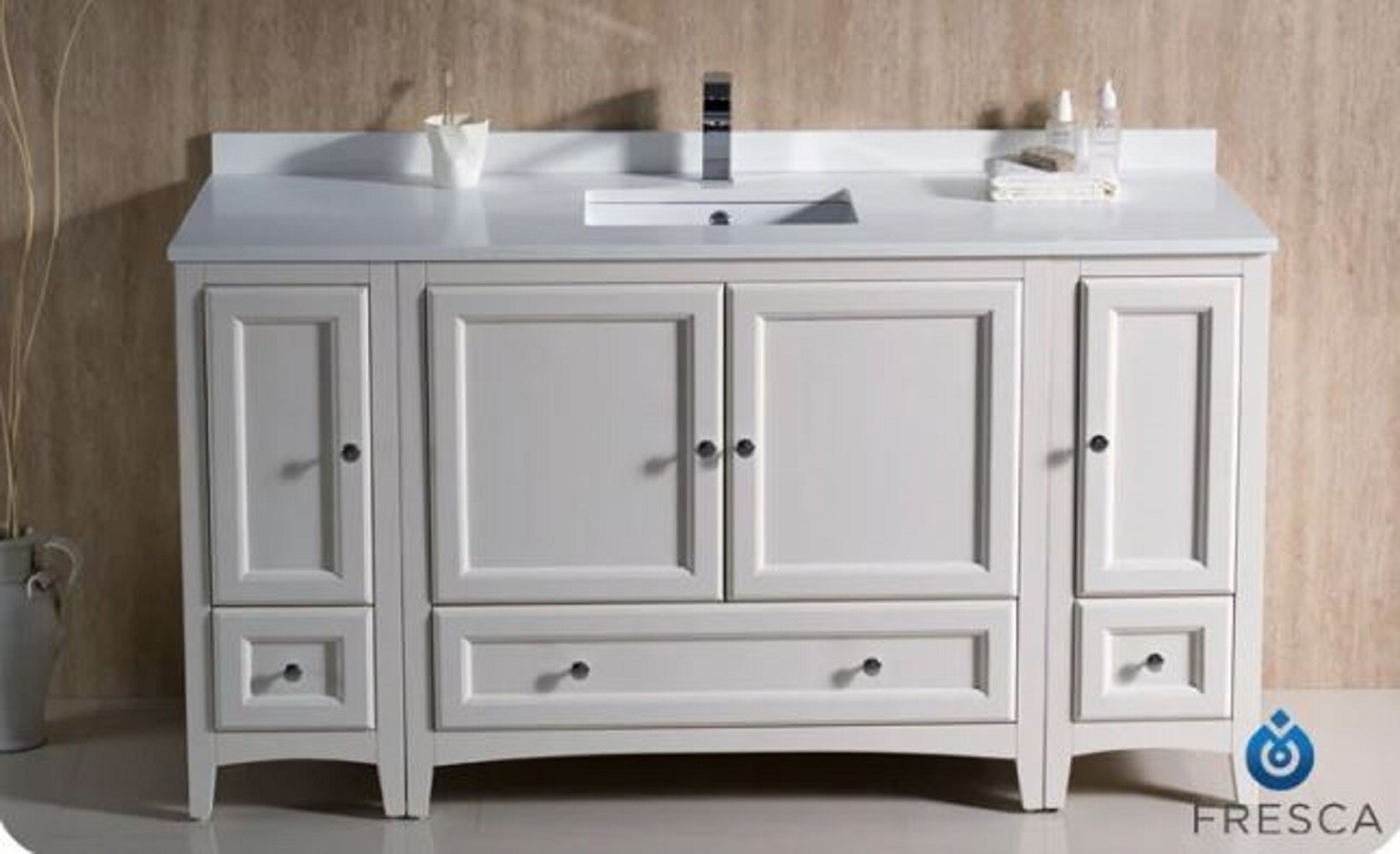Oxford 60" Antique White Quartz Stone Vanity with Ceramic Sink