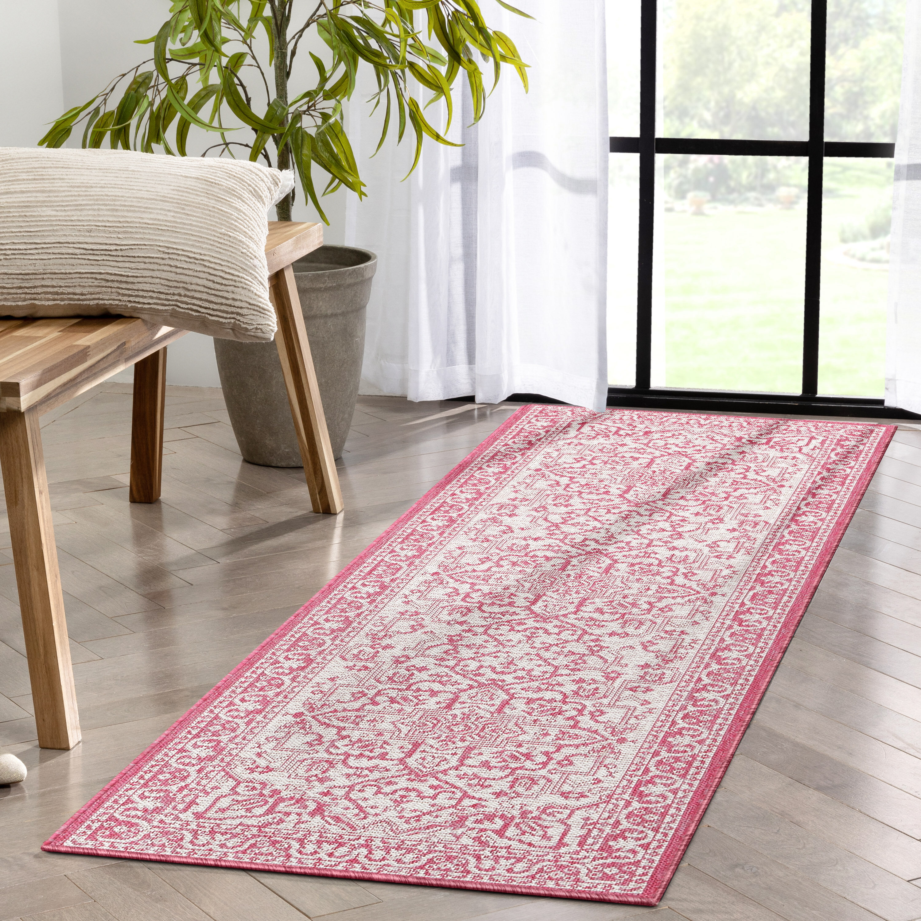 Well Woven LIA-190-2 2 x 8 (ft) Flatweave Polypropylene Fuschia Rectangular Indoor/Outdoor Abstract Mid-Century Modern Runner rug