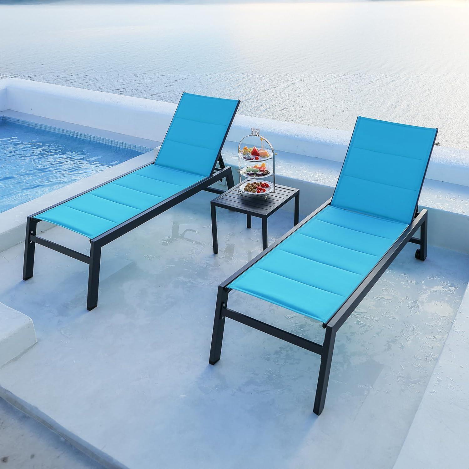 PURPLE LEAF LS04-CLS03-AT-BL Chaise lounge Set of 2 Dark Gray Aluminum Frame Stationary Chaise Lounge Chair with Blue Cushioned Seat