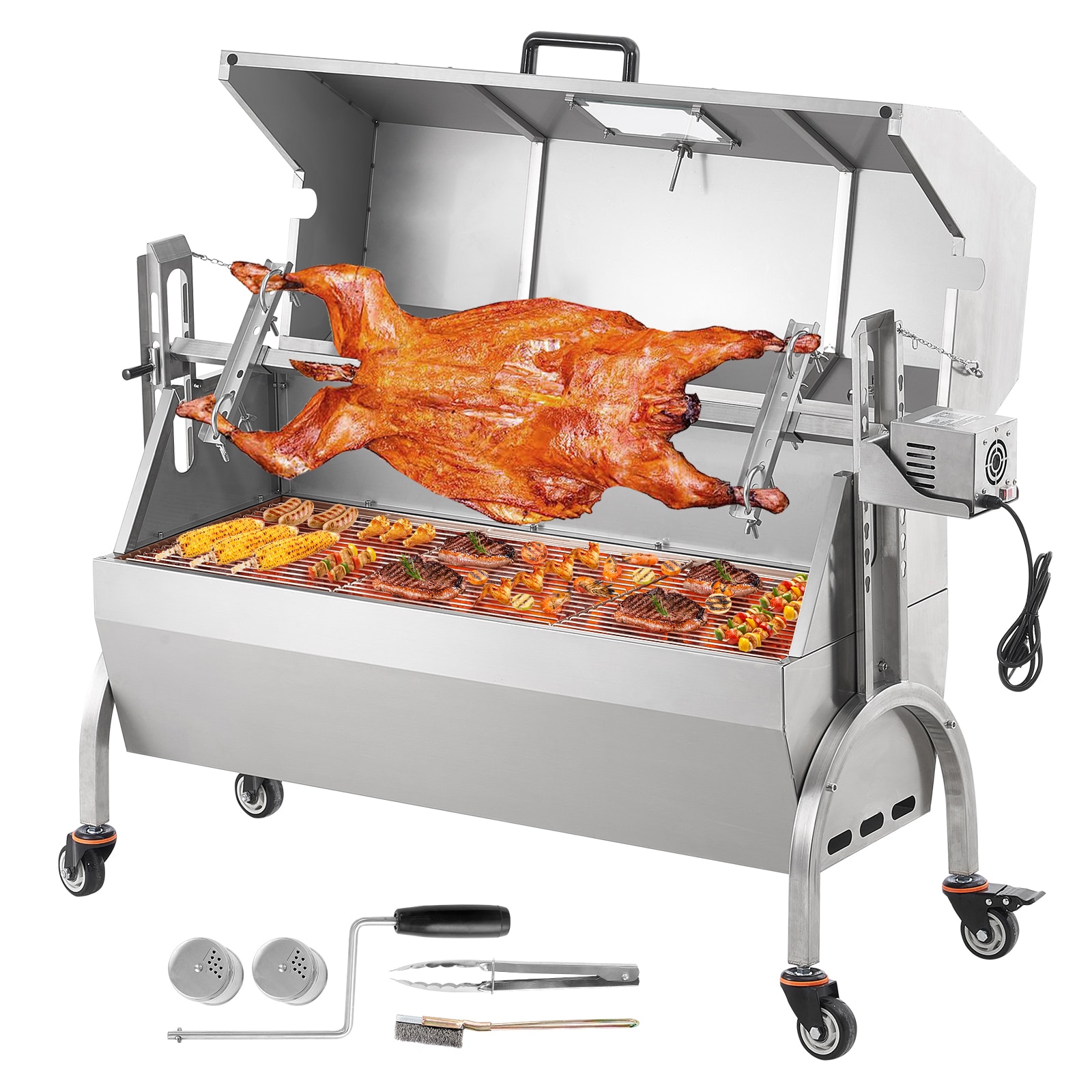 VEVOR SCDDXZKJ46IN03954V1 Rotisserie Grill with Hooded Cover  BBQ Whole Pig Lamb Goat Charcoal Spit Grill  46 Inch 132Lbs Capacity  Electric 52W Motor Stainless Steel Roaster with Viewing Window and Lockable Wheels