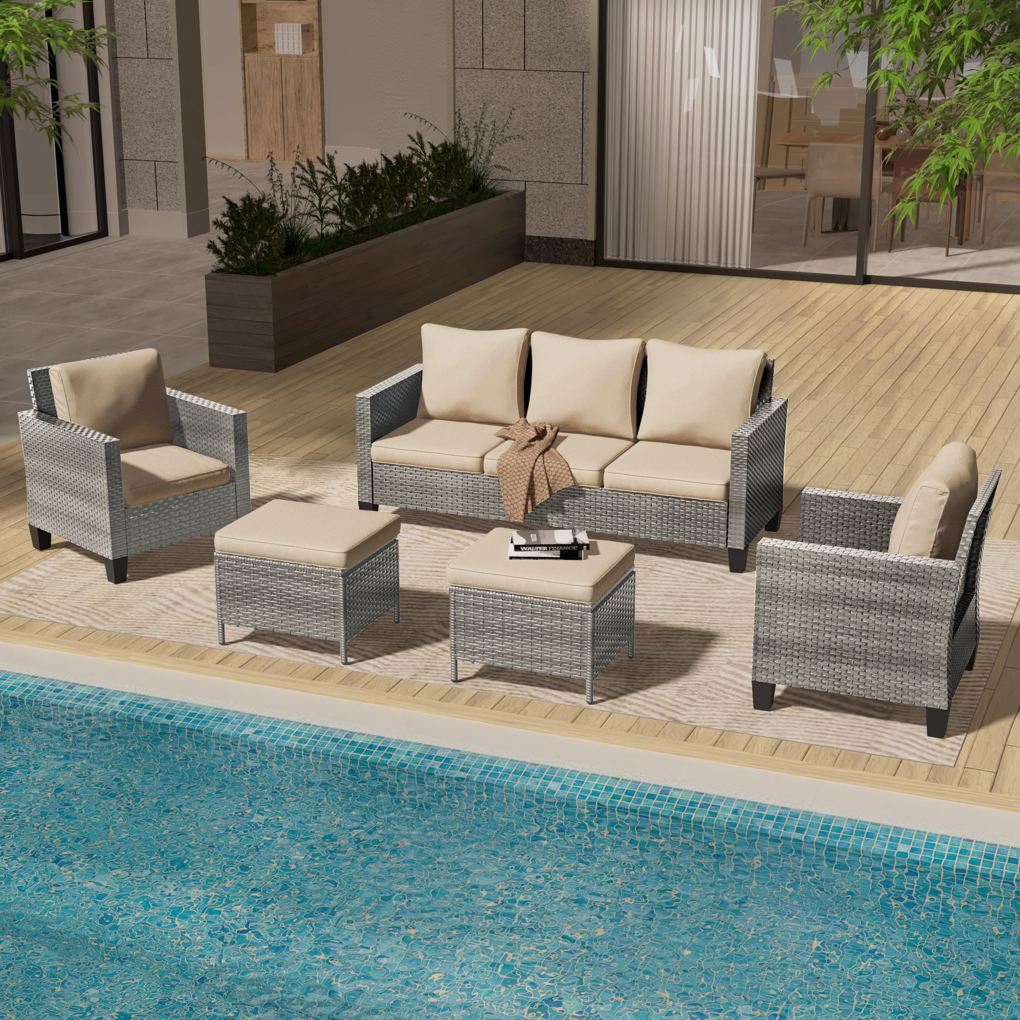 Sonkuki SD-GY615BG-C3 5 -Piece Wicker Patio Sofa Conversation Set with Off-white Cushions