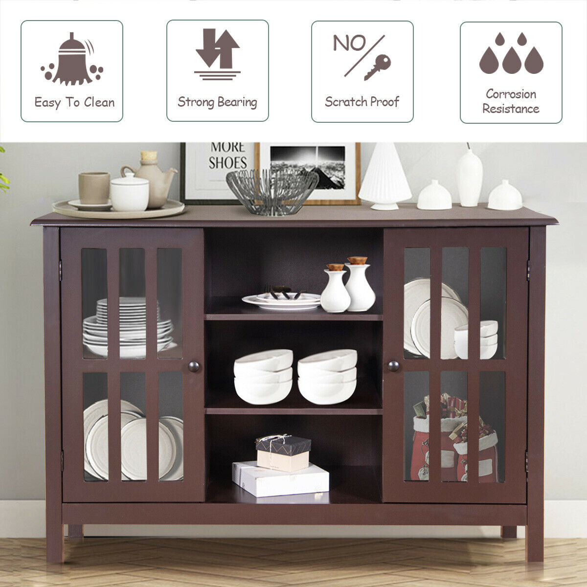 Elegant Tall Brown TV Console with Cabinet Storage and Shelves