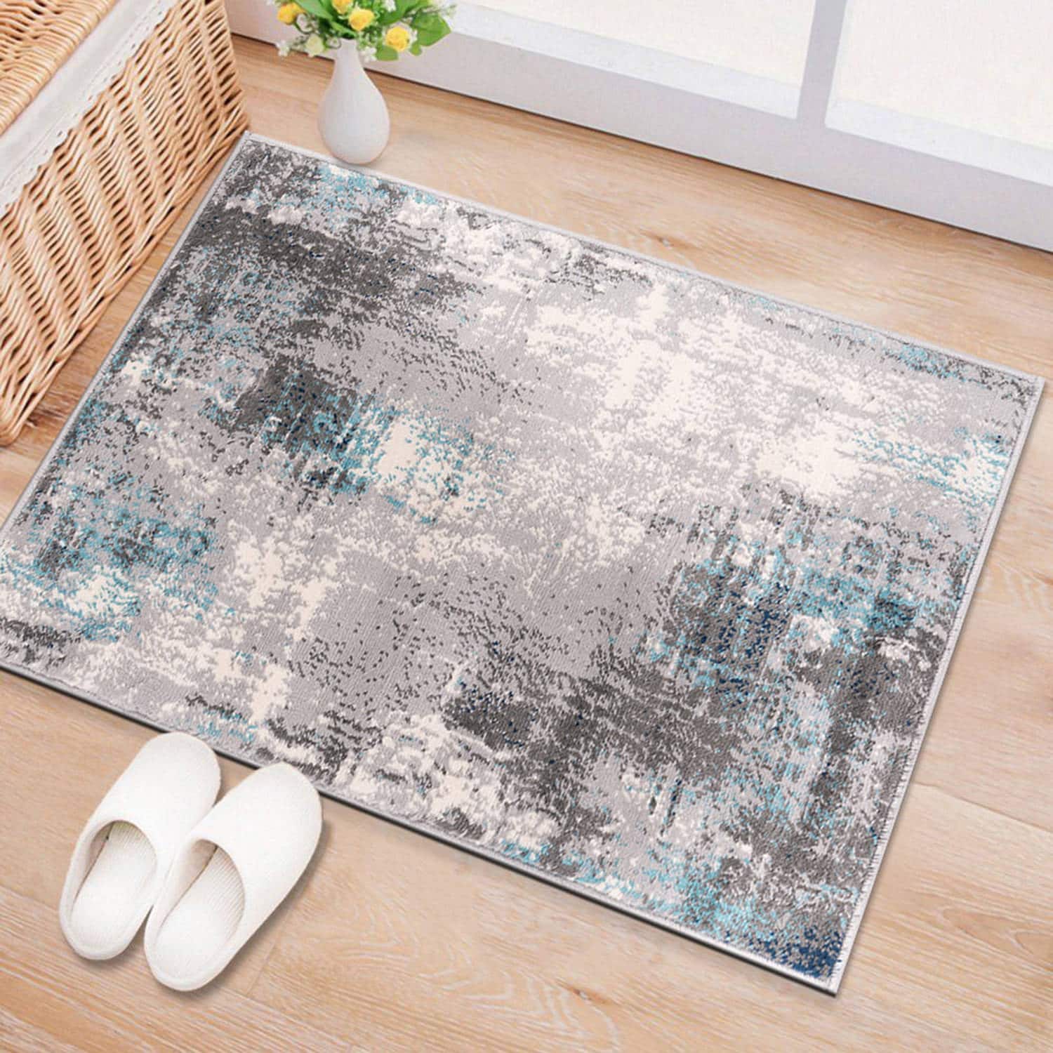 Dublin Blue and Gray Abstract Synthetic Area Rug 2'x3'