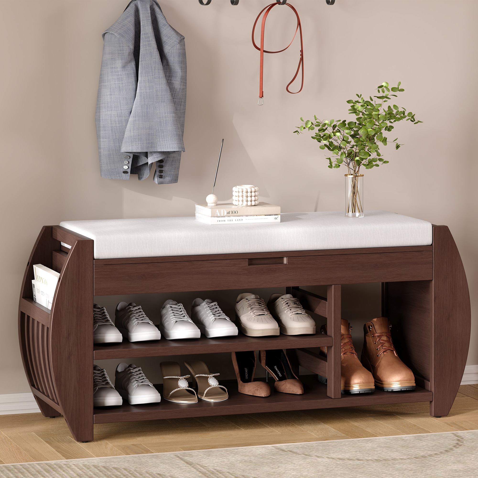 ModernLuxe N715P194061P Shoe Storage Bench Shoe Bench with Cushion and Curved Side Shoe Bench Retro Multifunctional Panel for Entryway and Living room Espresso