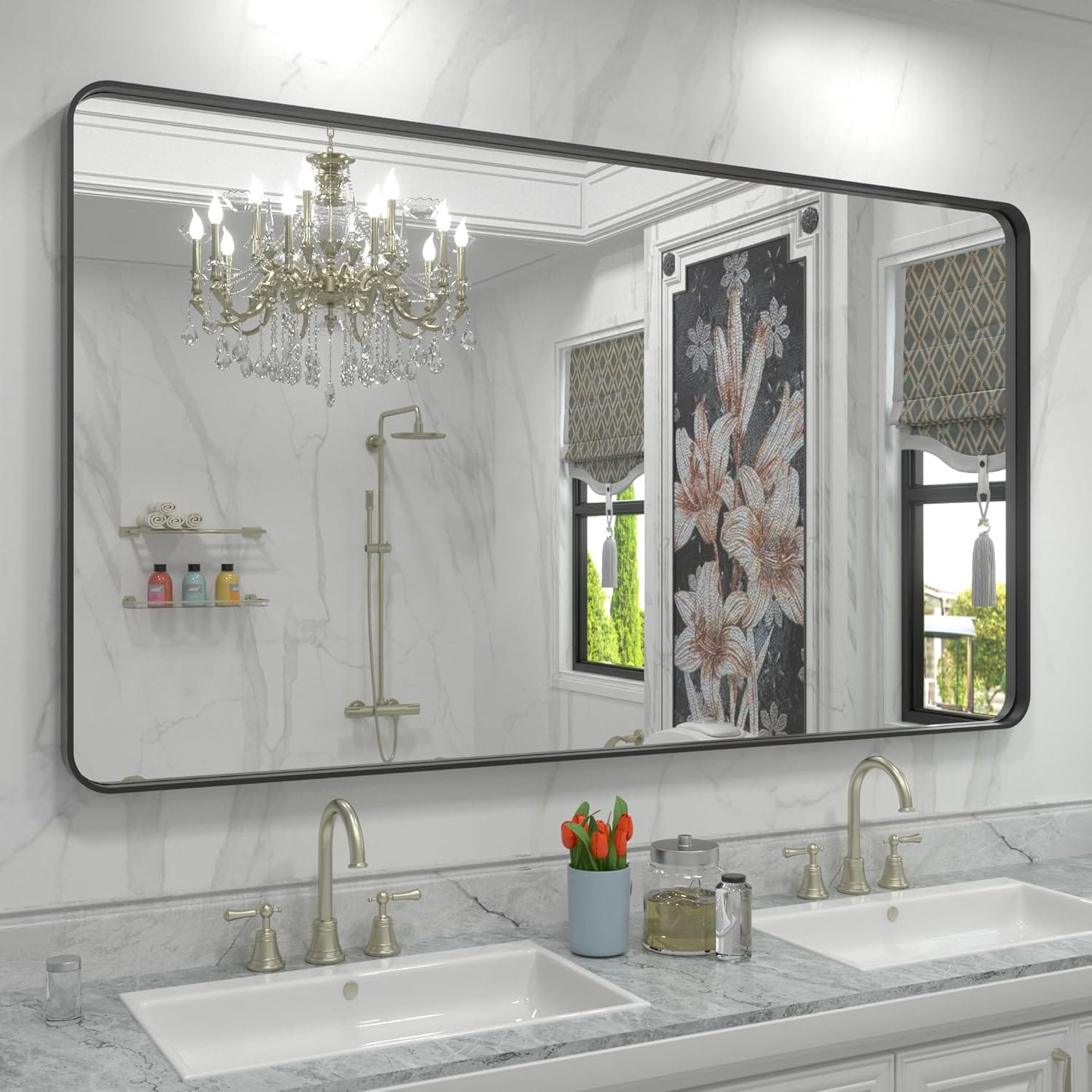 LOAAO 60x36 Inch French Cleat Install Matte Black Aluminum Alloy Framed Tempered Glass Bathroom Mirror