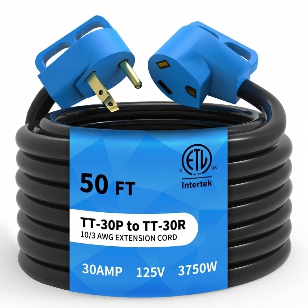 Oyezvary 30 Amp 50 Foot RV Extension Cord 3 Prong TT30P to TT30R Heavy Duty 10 3 Gauge Outdoor Power Cord with Grip Handle ETL Listed 1 Piece #LOZ0429H15