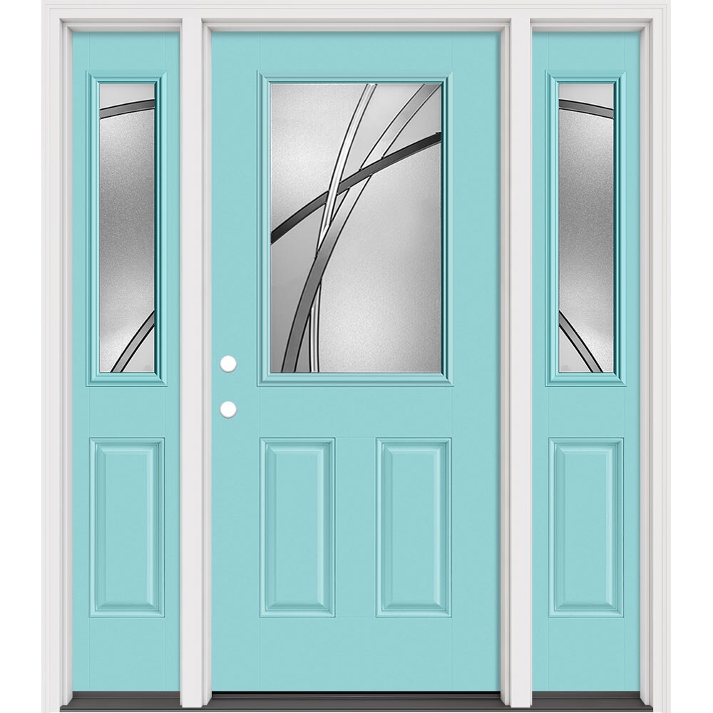 Masonite 632781 Kordella 64-in x 80-in x 4-9/16-in Fiberglass Half lite Right-hand inswing Evergreen Painted Prehung Slab Front Door with Sidelights with Brickmould Solid core