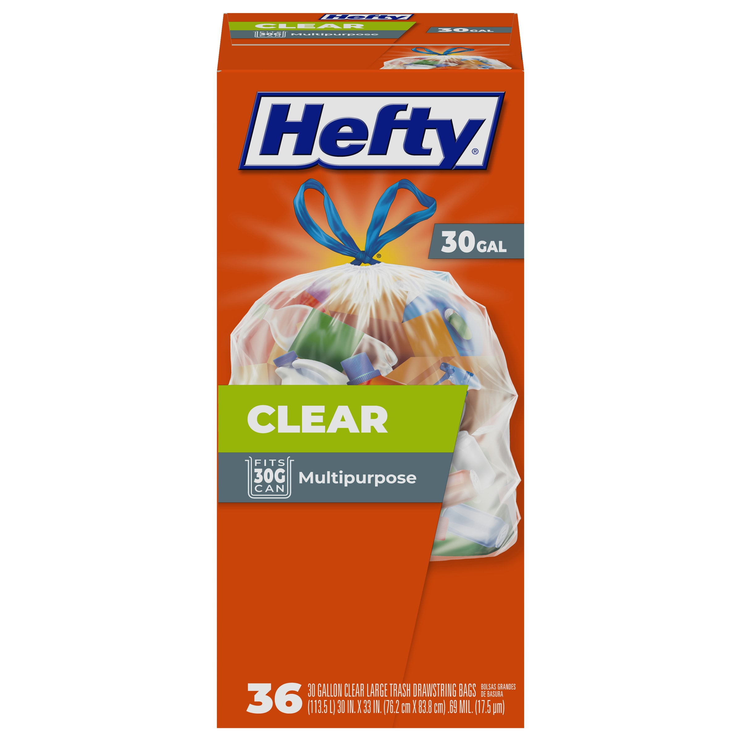 Hefty UPC00013700857409 30-Gallon Clear Outdoor Plastic Can Drawstring Trash Bag 36 -Count