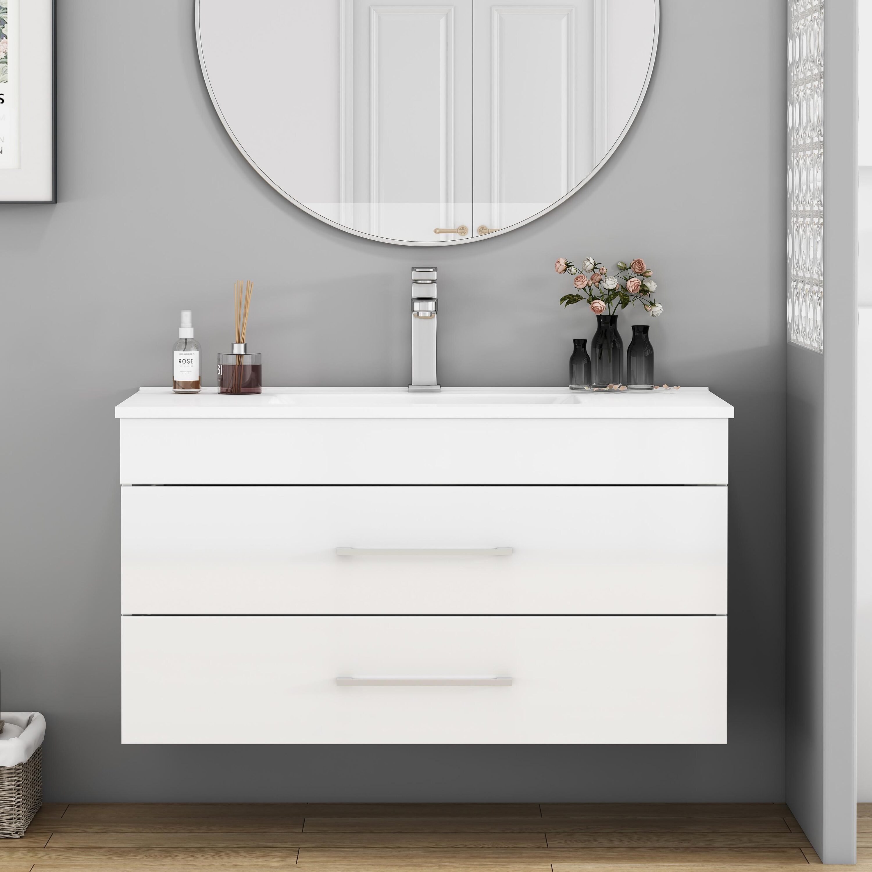 GLANZEND -  Wall Mounted Bathroom Size Glossy White Single Sink Bathroom Vanity with Ceramic Top ...