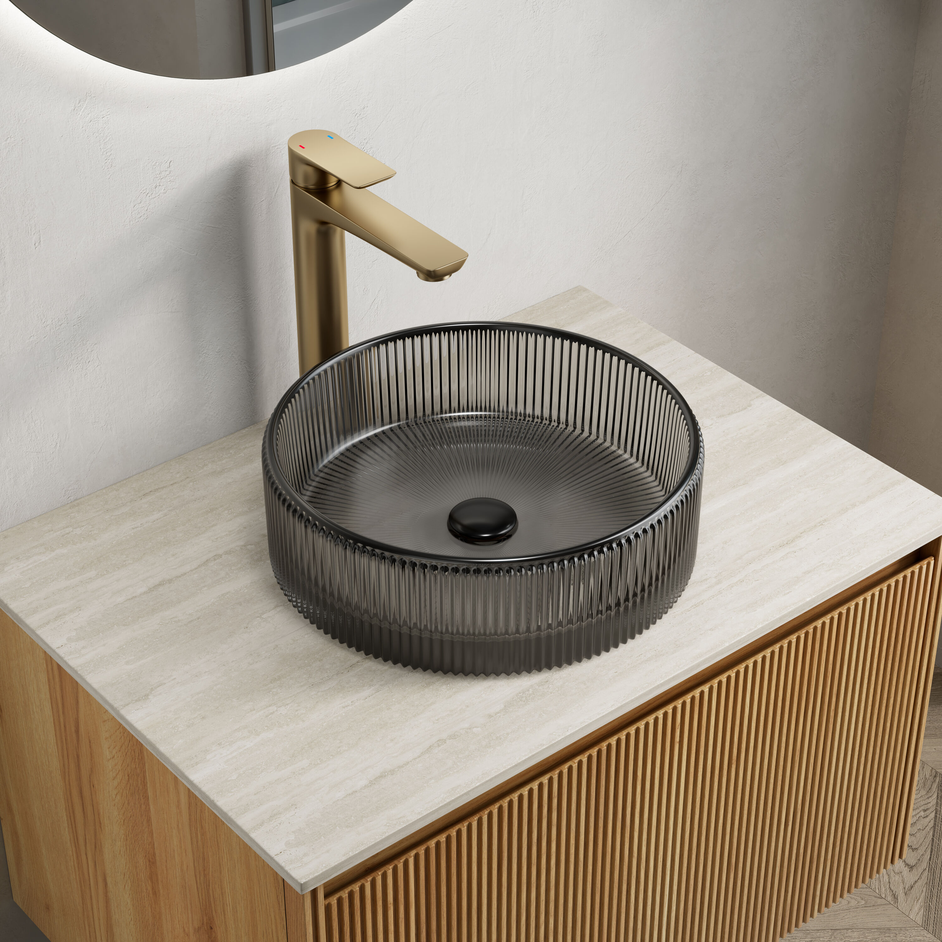 GDFStudio Munin Modern Crystal Glass 14 in Round Bathroom Vessel Sink - Transparent Black (Sink ONLY - NO Faucet)