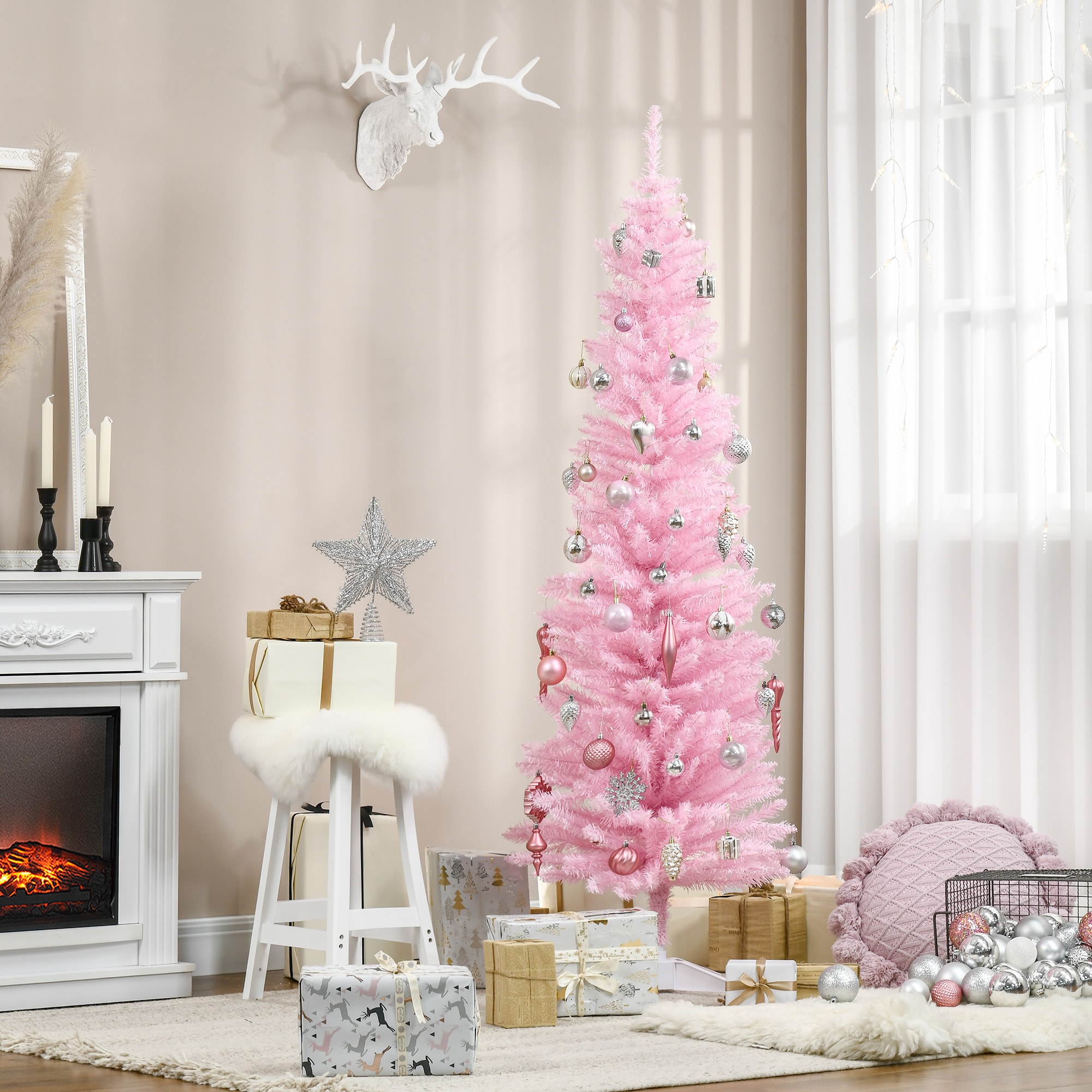 Upsimples 6FT Pink Slim Pencil Artificial Christmas Tree 390 Plastic Branch Tips Detachable Sturdy Plastic Base Easy Storage Indoor Holiday Decor