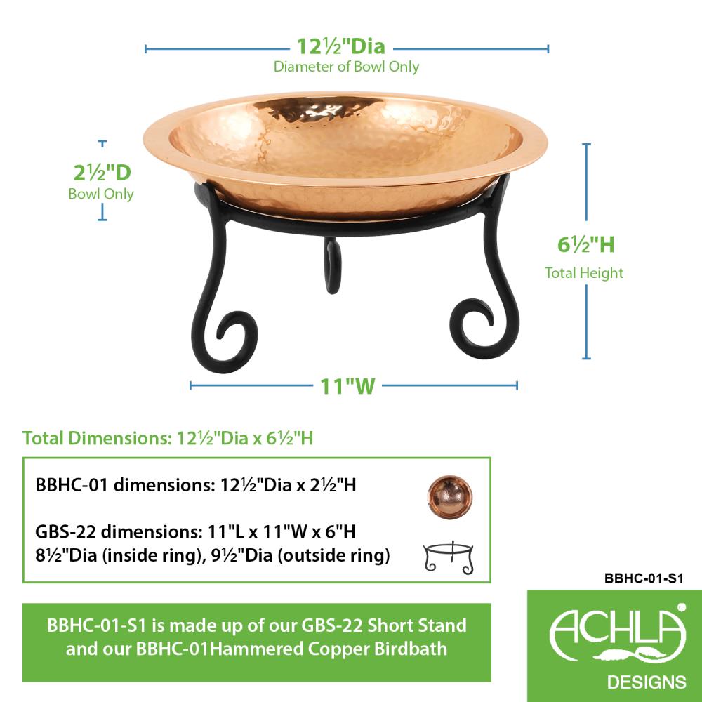 13" Hammered Copper Birdbath with Wrought Iron Stand