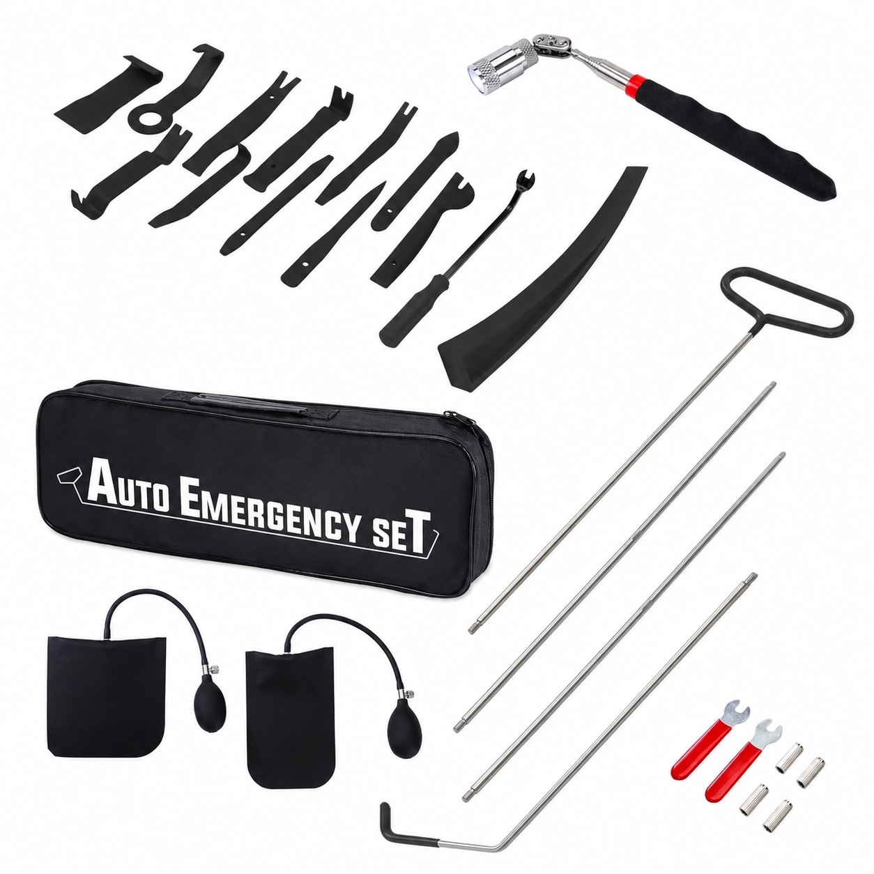 Etokfoks -  26 Piece Kit Car Tool Set with 68 Inch Stainless Steel Long Reach Hook Air Wedge Bag ...