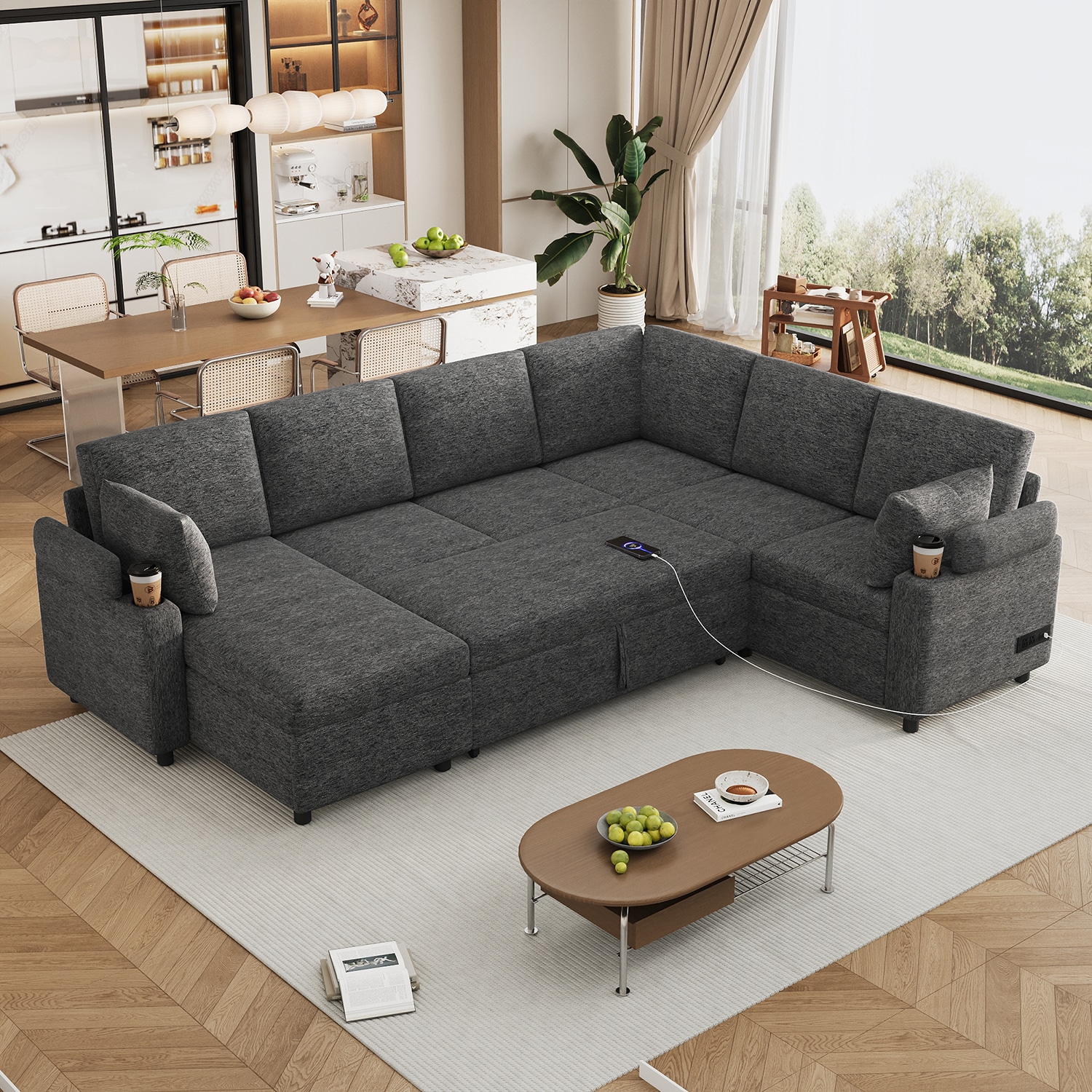 GZMR GZ-HH42013 109.9" Sectional Sofa Versatile Sofa Bed 109.9-in Modern Grey Chenille 5 -seater Reclining Sofa