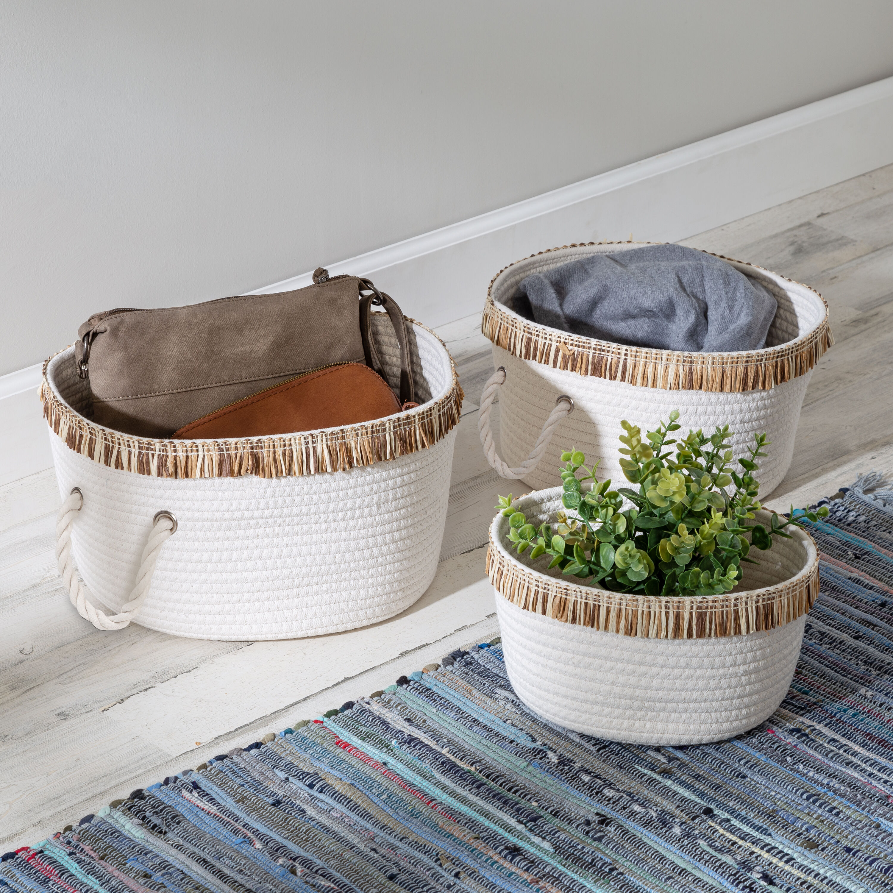 Set of 3 White Cotton Rope Round Baskets with Fringe