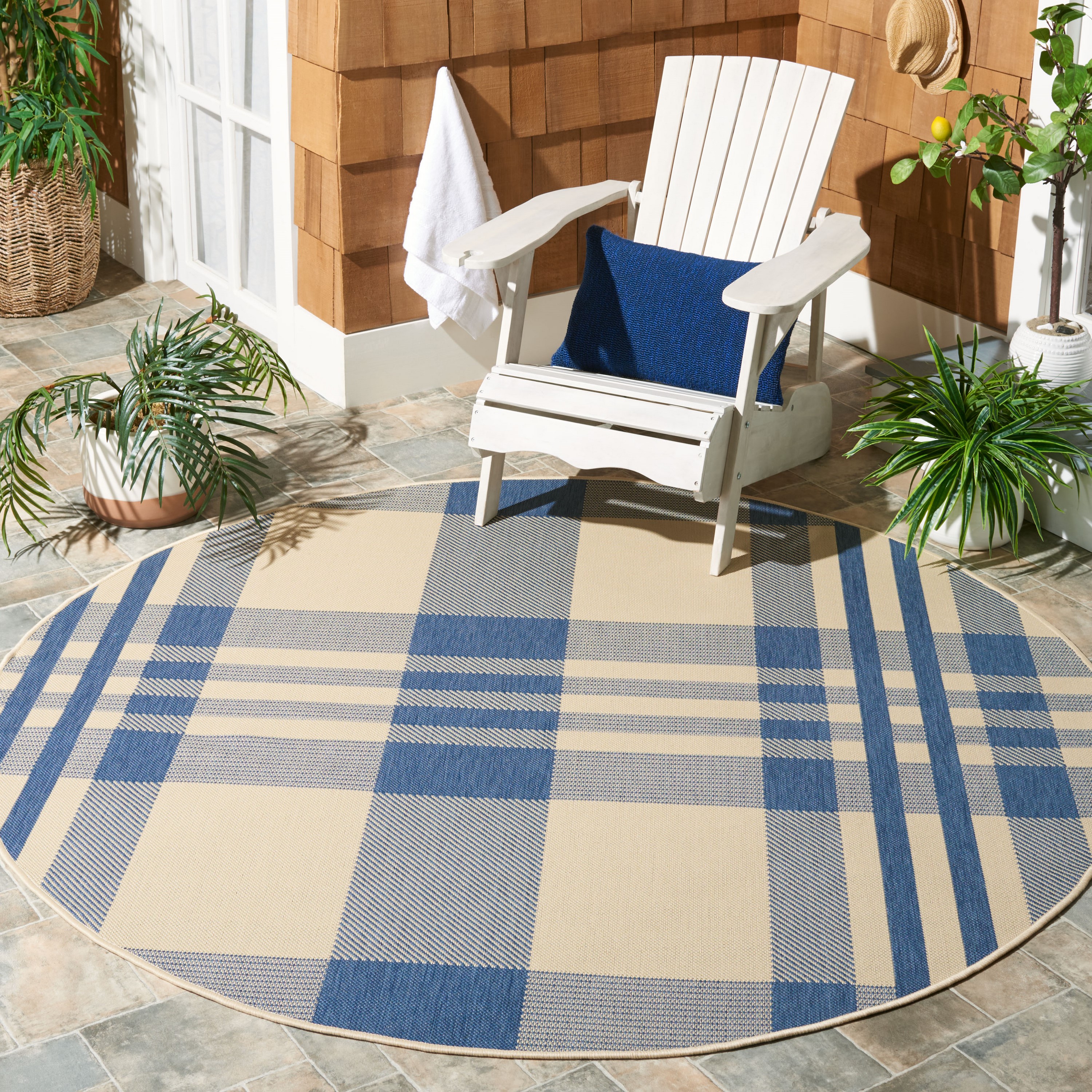 Safavieh CY6201-233-5R Courtyard Caye 5 x 5 (ft) Loomed Polypropylene Beige/Blue Round Indoor/Outdoor Abstract Coastal Area rug