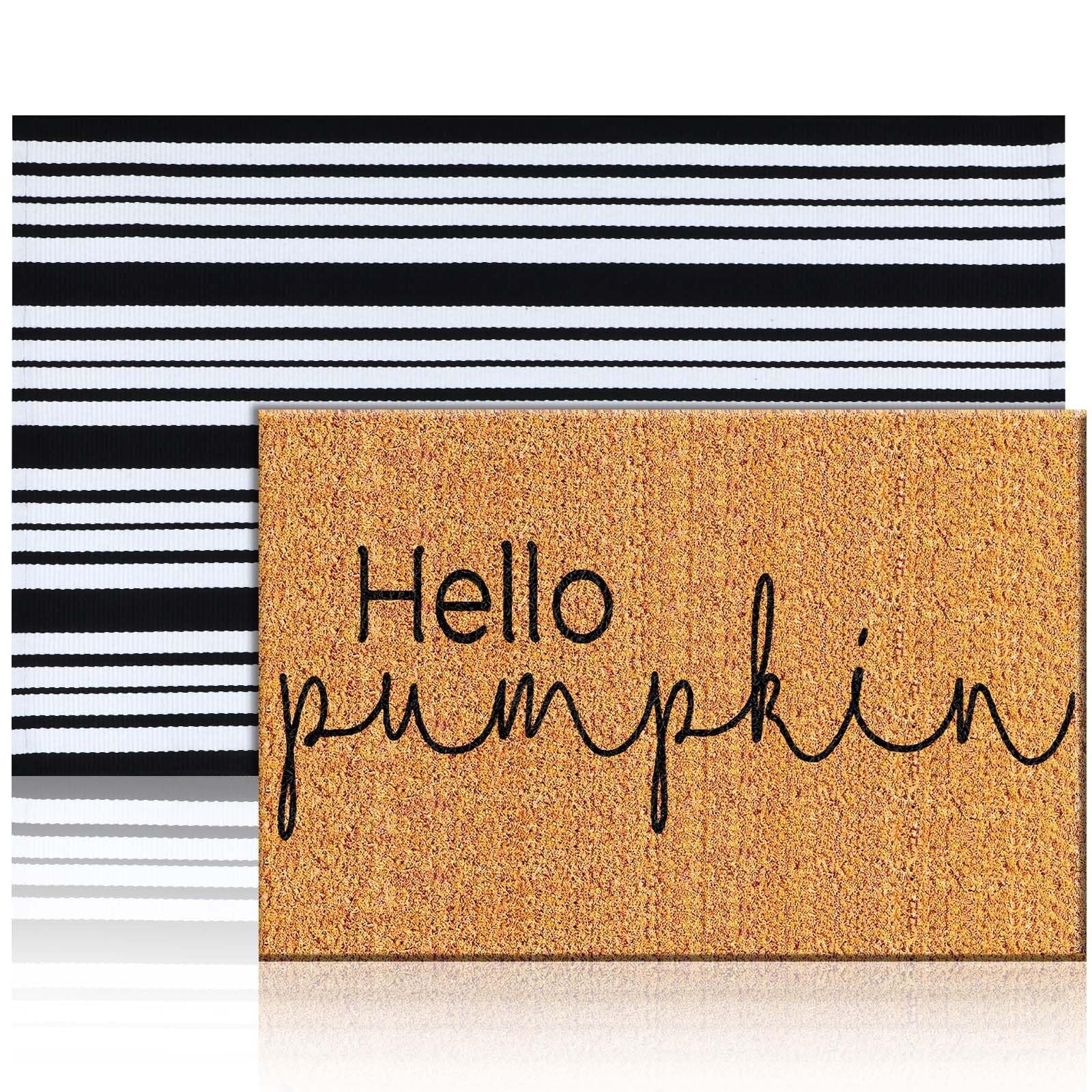 SenQWFa  2 pcs Hello Pumpkin Thanksgiving Coir Doormat Set Outdoor Welcome Mat Layered Buffalo Plaid Black White Rug for Fall Porch Entryway Decor