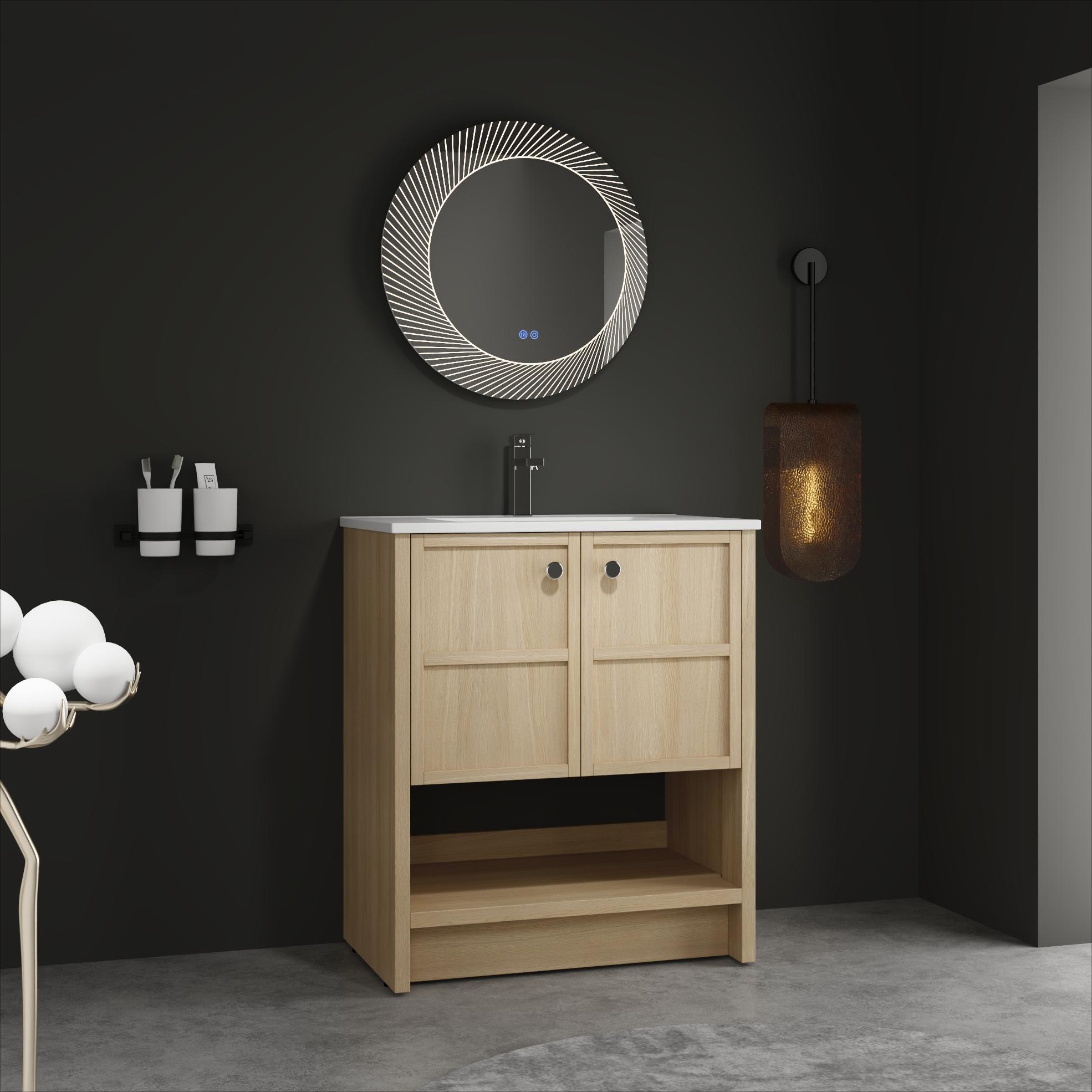GDFStudio Modern 30 Inch Freestanding Wood Bathroom Vanity with Ceramic Sink and 2 Soft Closing Doors Oak