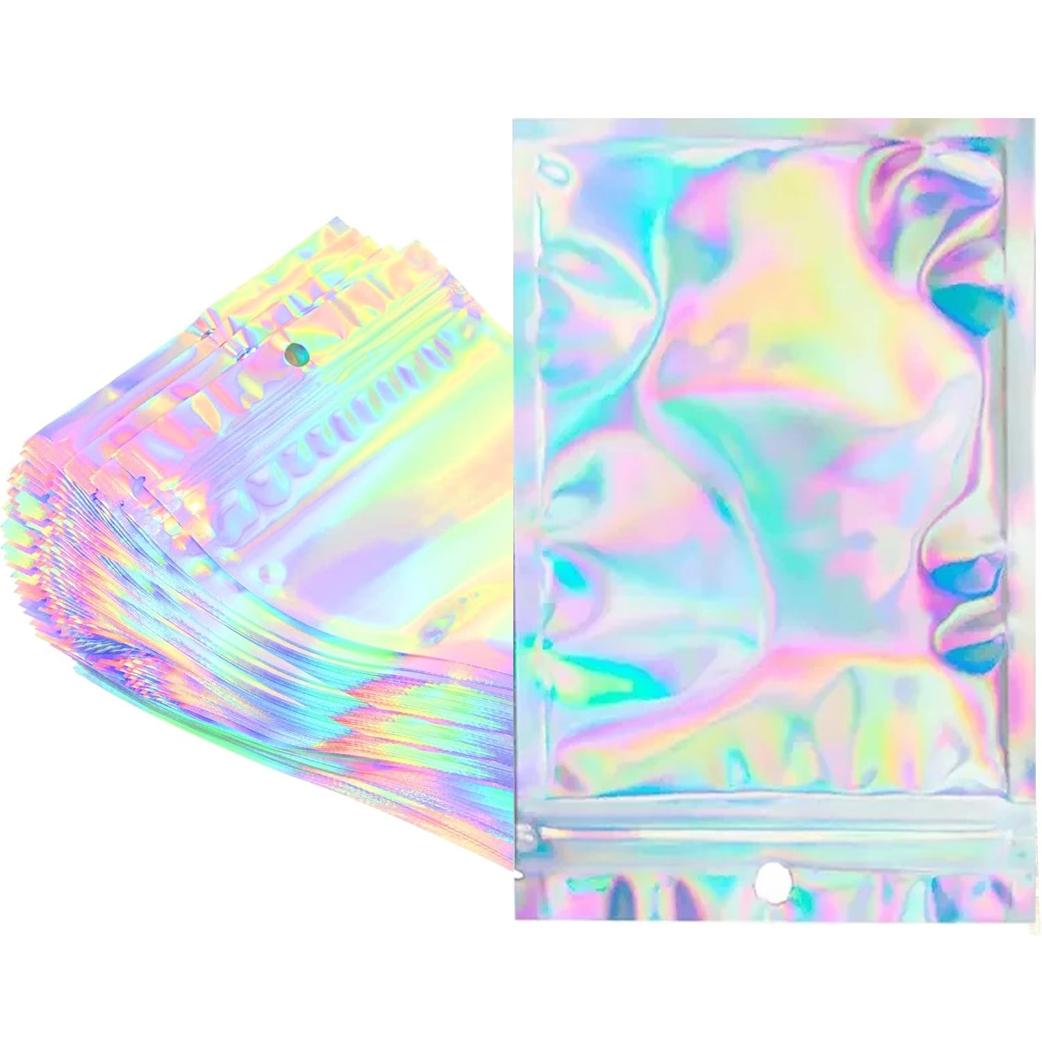 Etokfoks  Smell Proof Bags Resealable Foil Pouch Mylar Sample Bag Great for Party Favor Food Storage Holographic Color 50pcs 6x9 inch