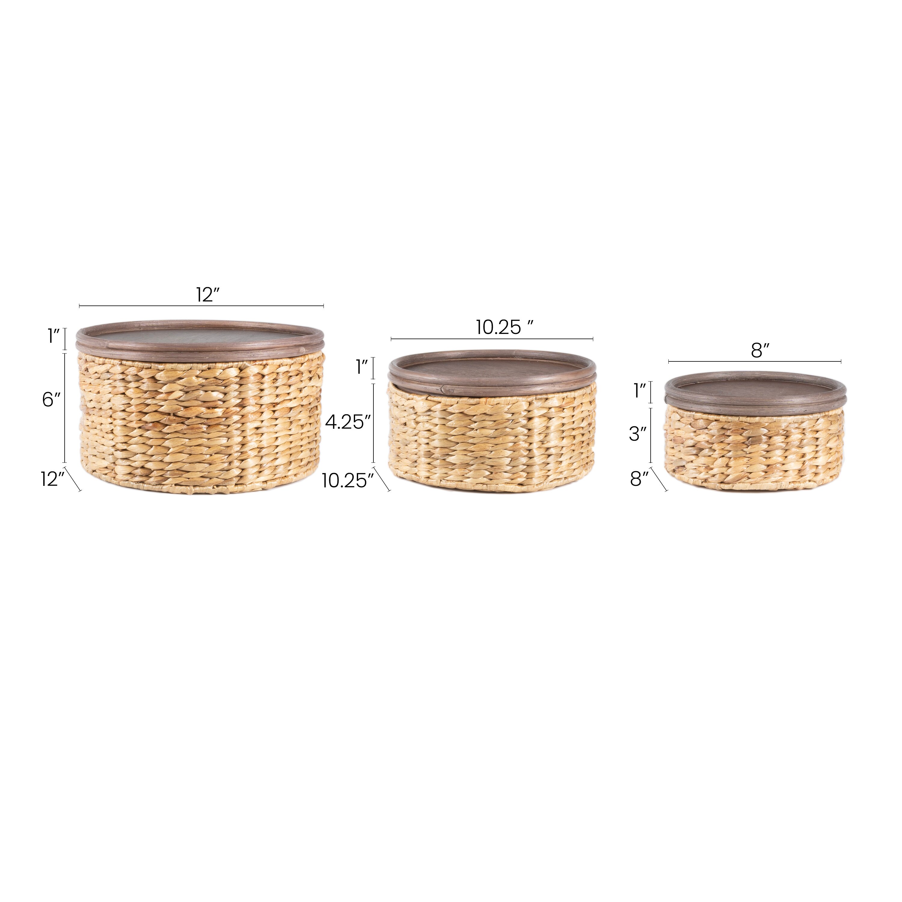 Natural Hand-Woven Hyacinth Round Storage Baskets with Wood Lids, Set of 3