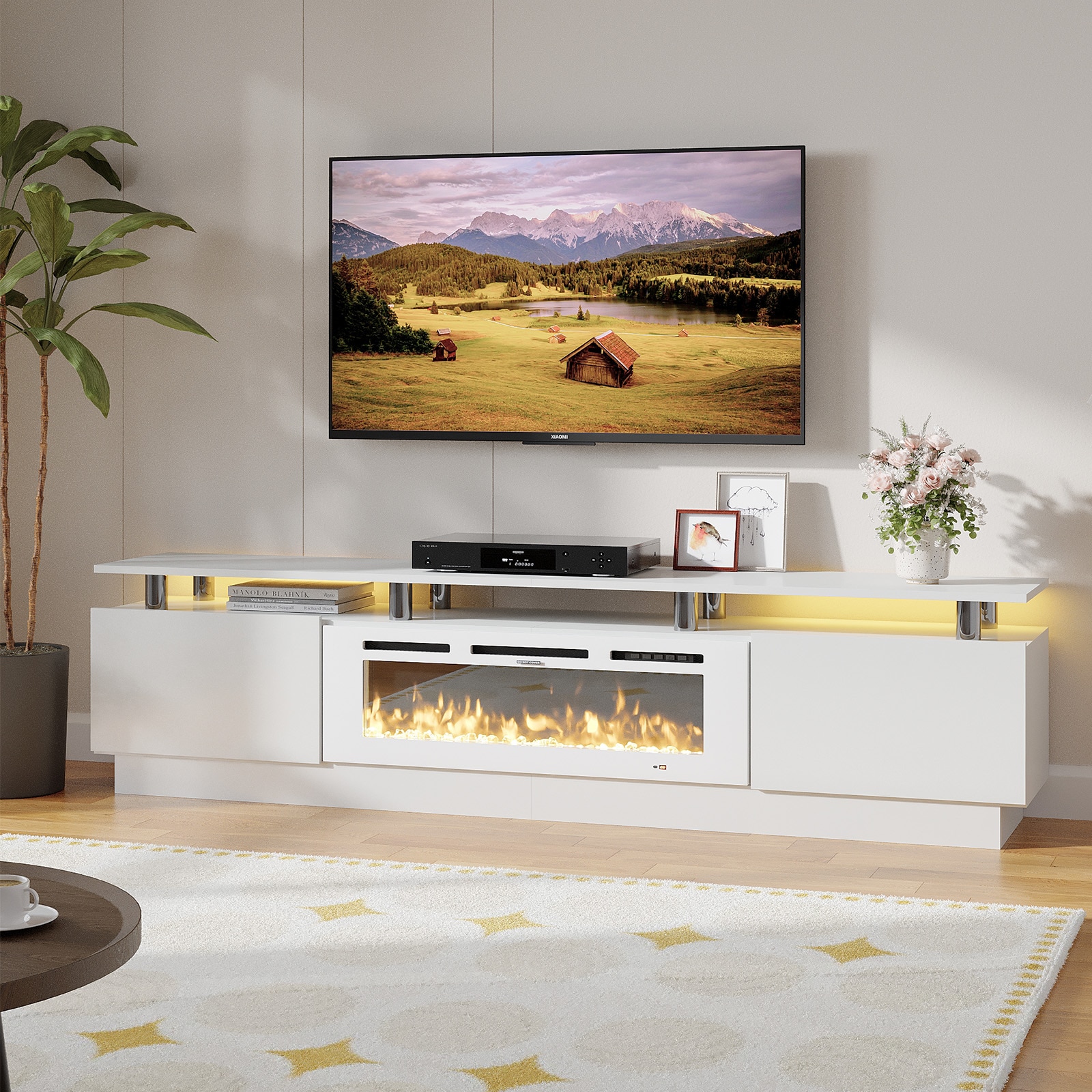 Bapipro TE28A14WW 80-in W White TV Stand with Infrared quartz Flat wall Electric Fireplace with Remote Control Included