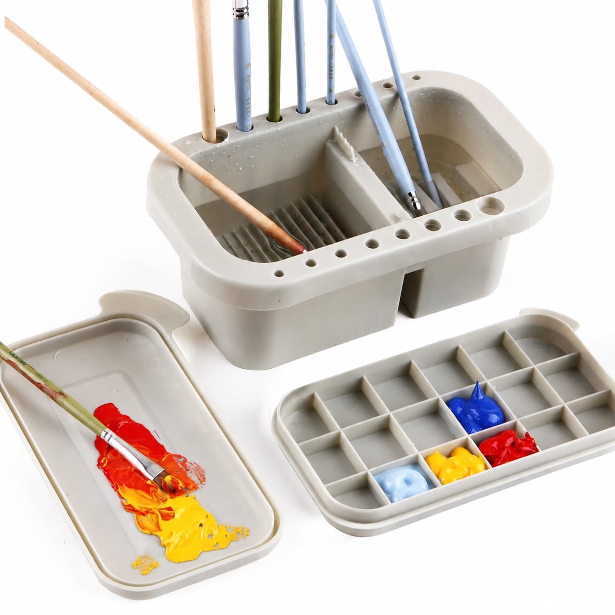 AKSCYZM  Multi Use Paint Brush Basin with Brush Holder Washer Trays Palette Box Artist Cleaner Cup for Watercolor Oil Acrylic Gouache Painting
