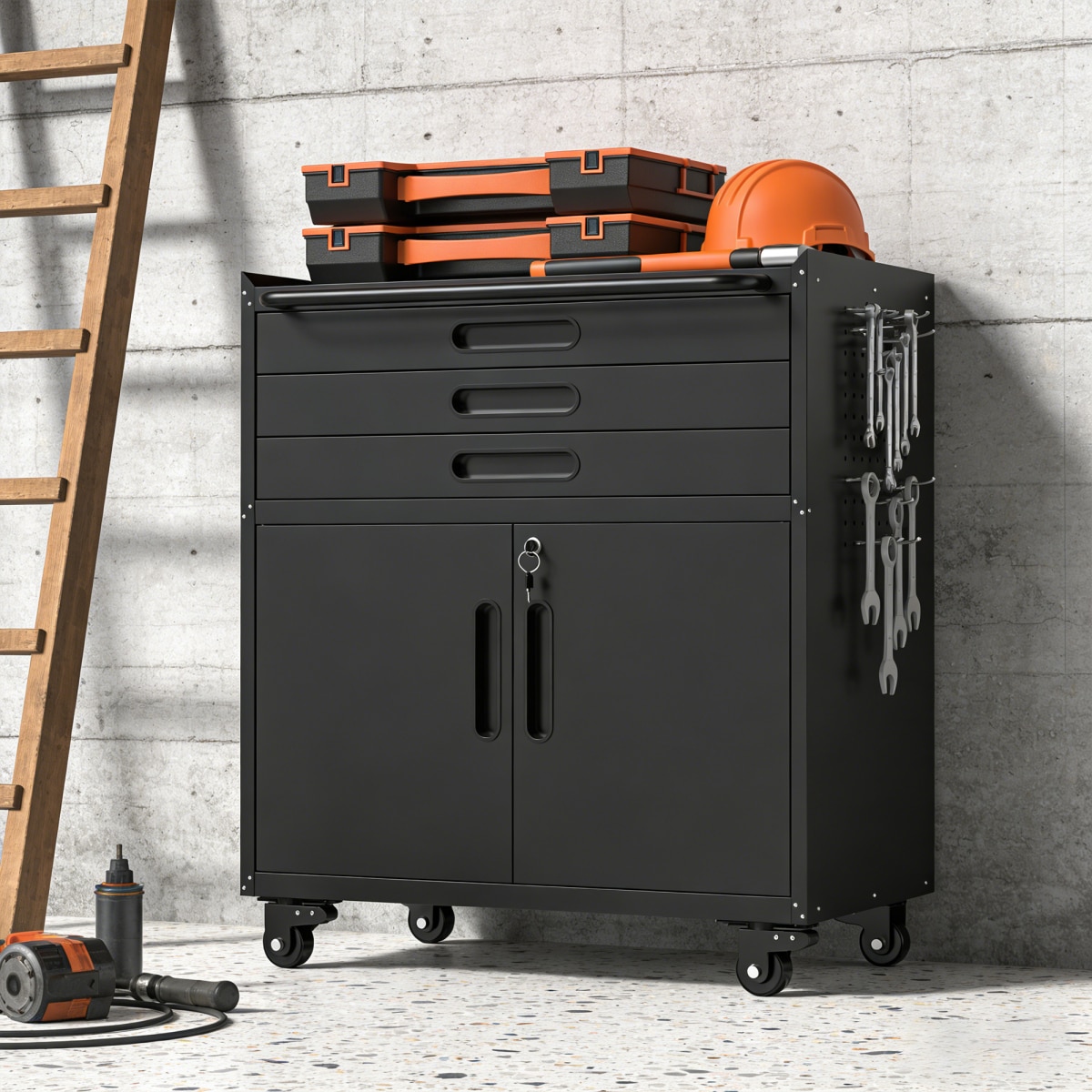 Streamdale Furniture Streamdale 34.3'' Rolling Metal Tool Cabinet and 3-Drawer Garage Workbench with Lockable Doors