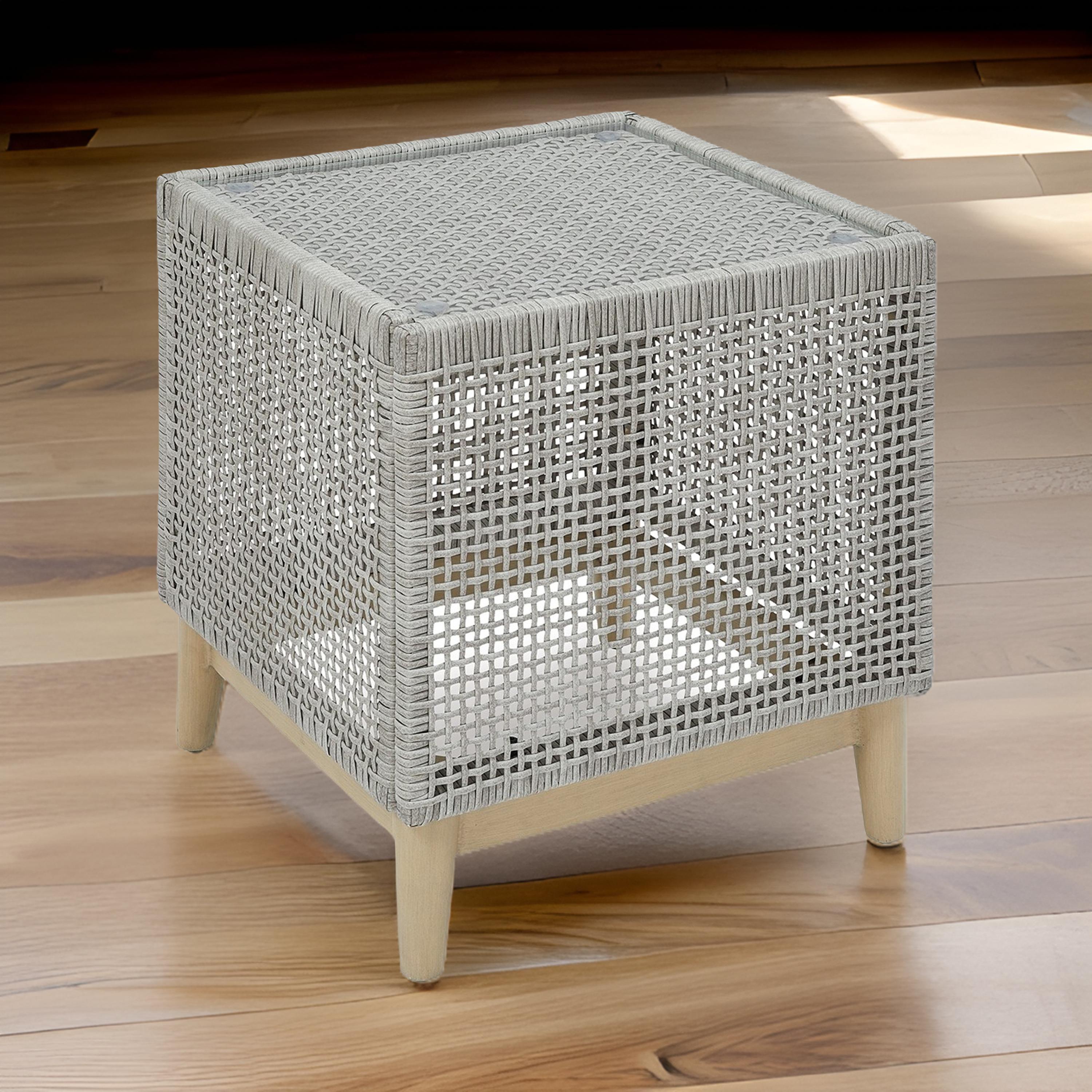 Gray Square Resin Wicker Outdoor End Table with Glass Top
