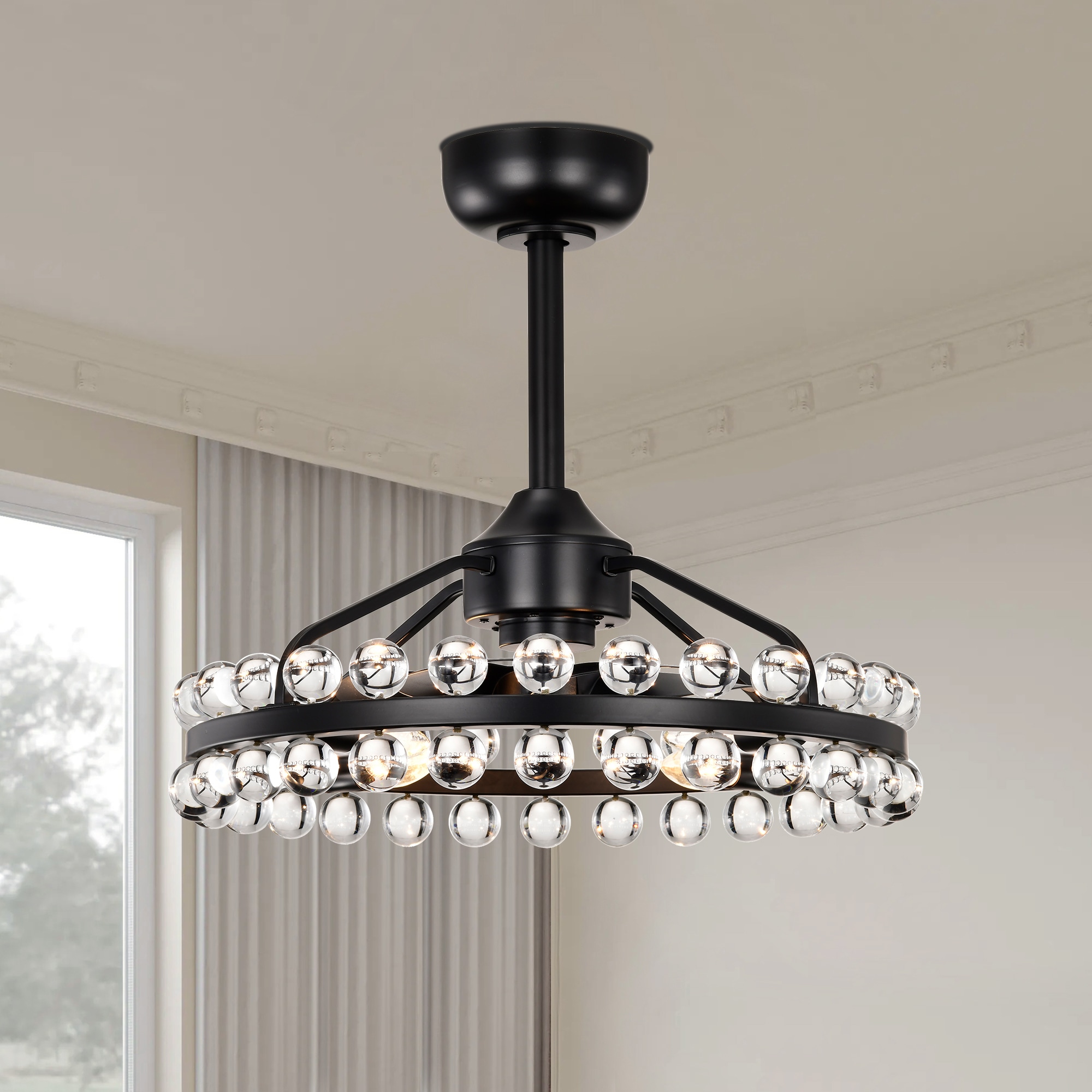 Maxax 26005-4BK Beauchame 21-in Flush Mount Matte Black with Matte Blades Fandelier Ceiling Fan With Light - Remote Included ( 7 -Blade )