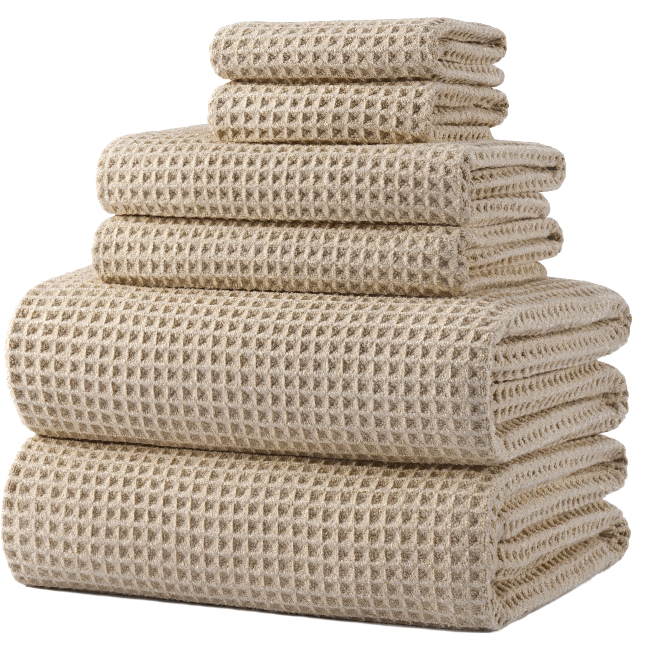 OMOMMD Beige Microfiber Waffle Weave Quick Dry Lint Free Bath Towel Set 6 Piece Oversize