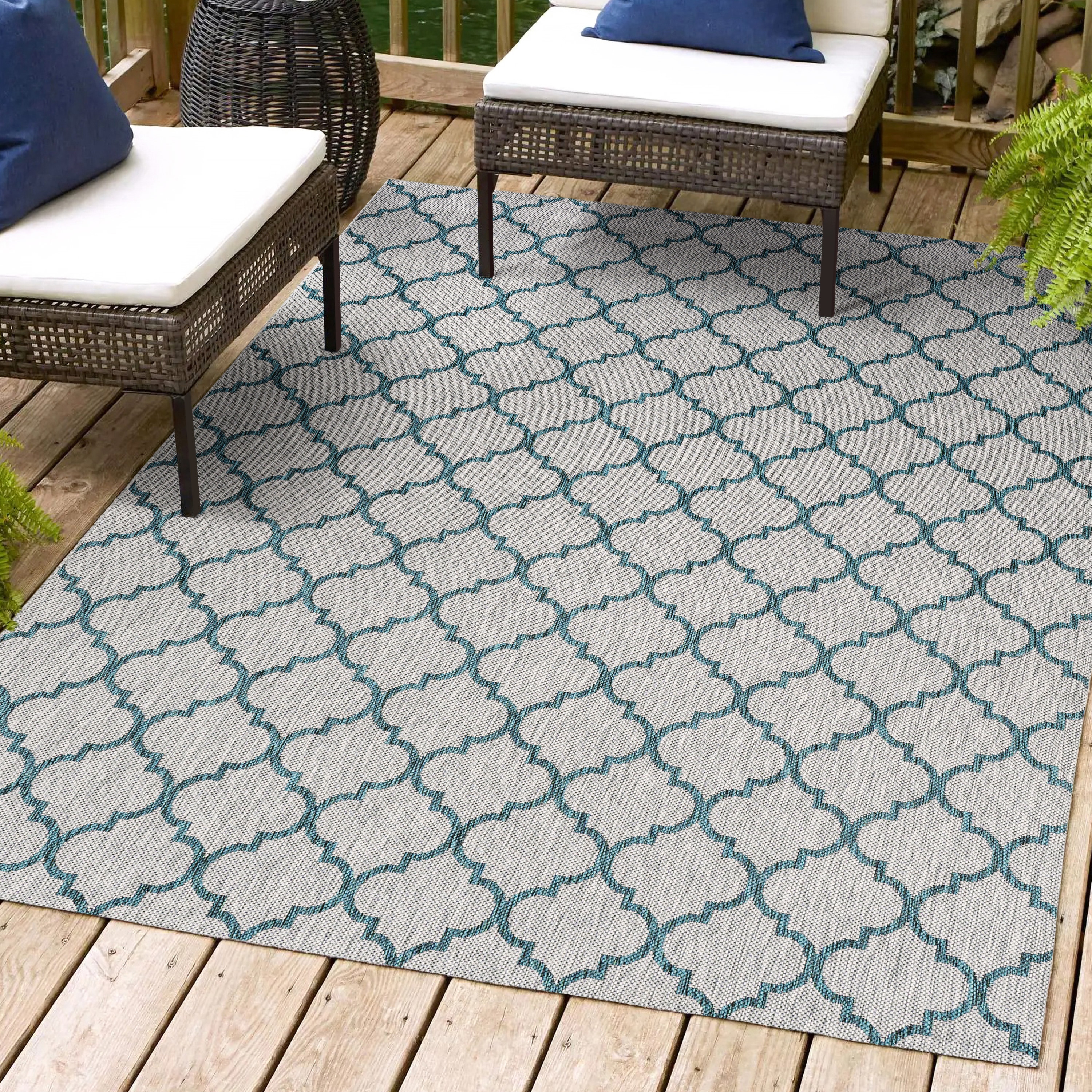 JONATHAN  Y SMB122B-3 Santa Monica Arabesque Ogee 3 x 5 (ft) Loomed Polypropylene Gray/Teal Rectangular Indoor/Outdoor Trellis Bohemian/Eclectic Area rug