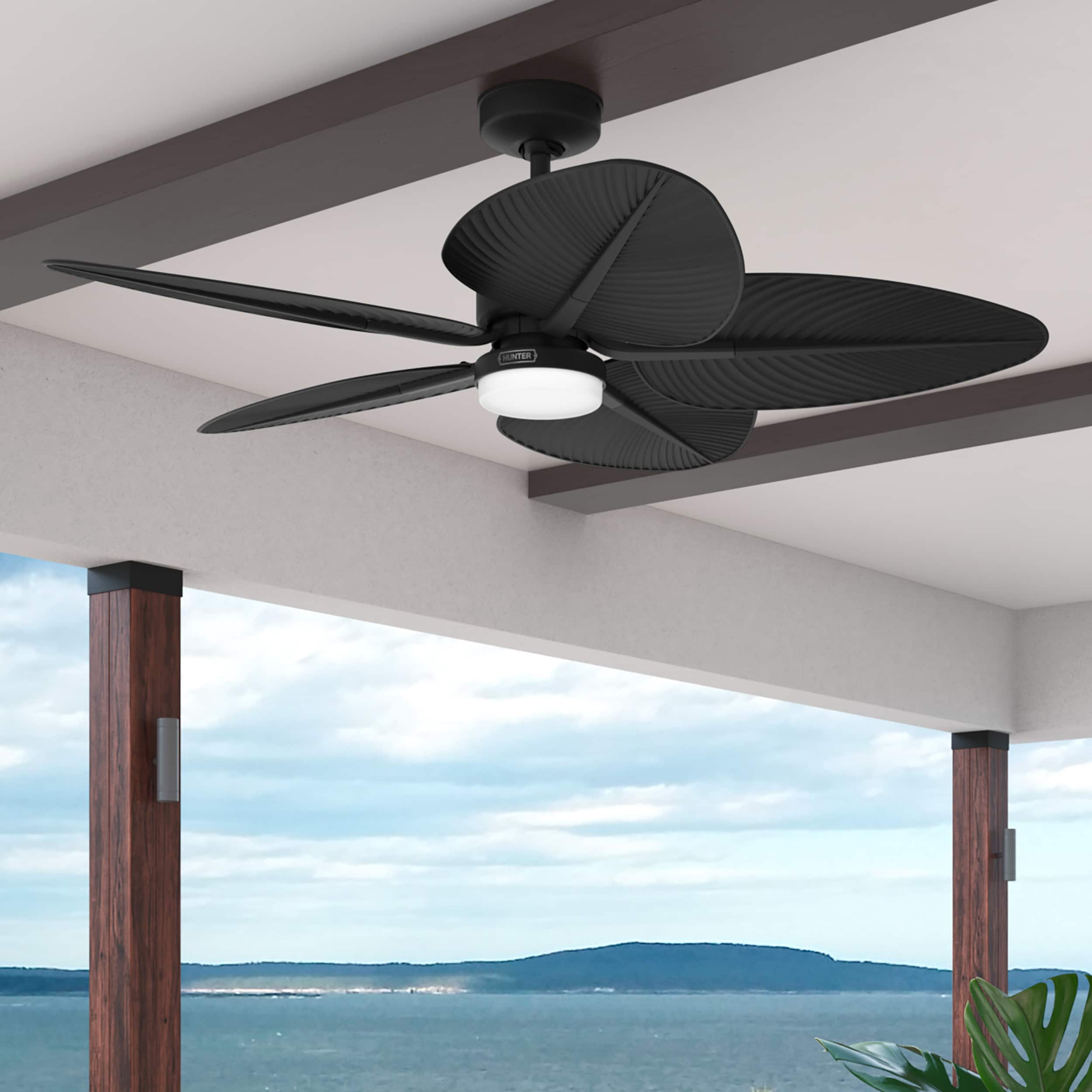 Hunter 53013 Tropic View 52-in Outdoor Matte Black with Matter Black Blades Ceiling Fan With Light ( 5 -Blade )