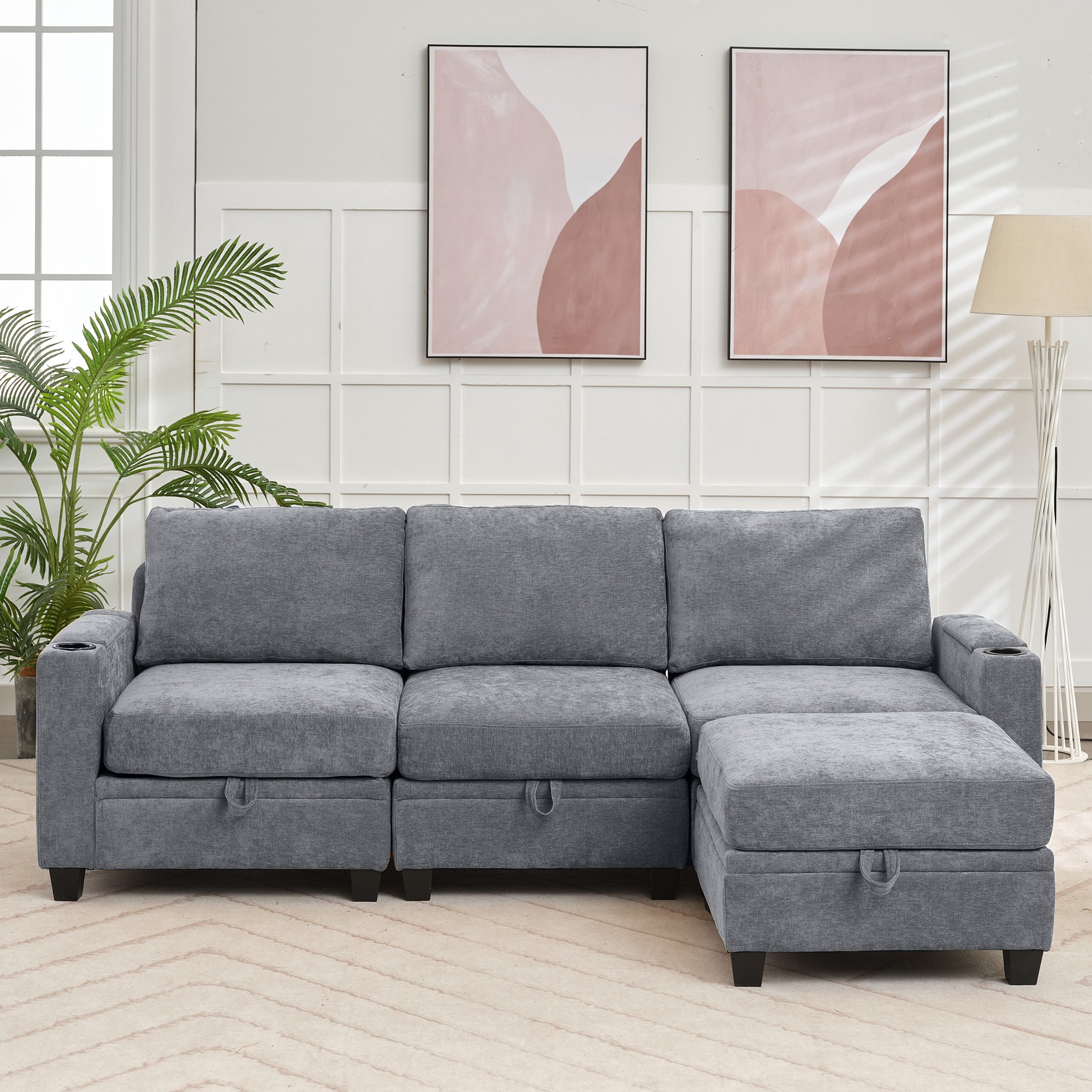 VOUA SAF-XNECW3-GY1 91-in Casual Light Gray Chenille 3 -seater Sectional