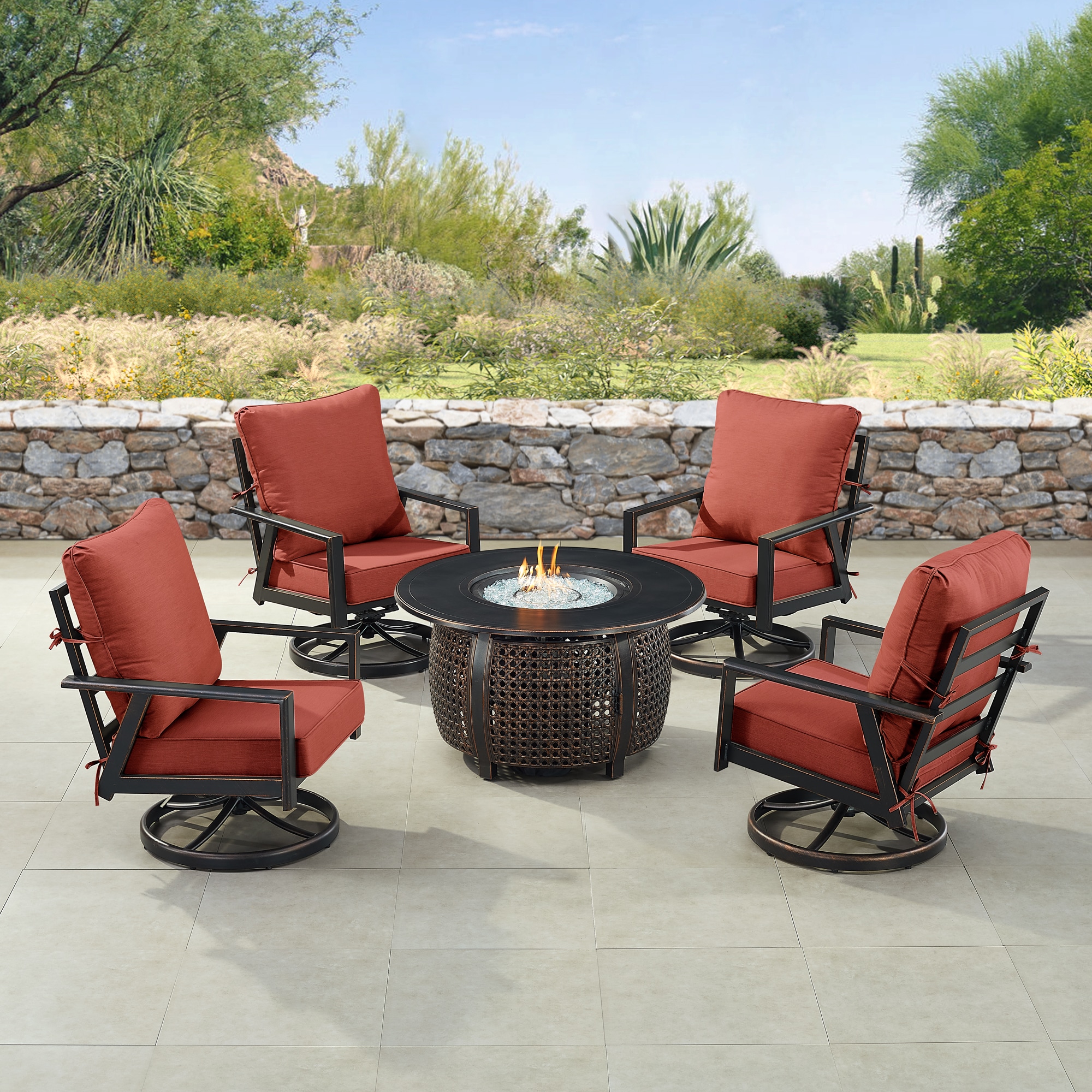 Oakland Living LUX-4C-CL-RDCU-IB-AC 9 -Piece Patio Conversation Set with Red Cushions