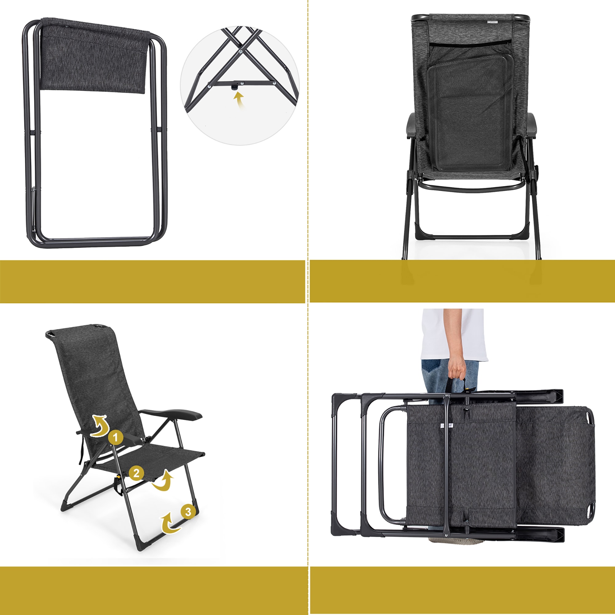 Gray Steel Folding Outdoor Patio Chair Set with Ottomans