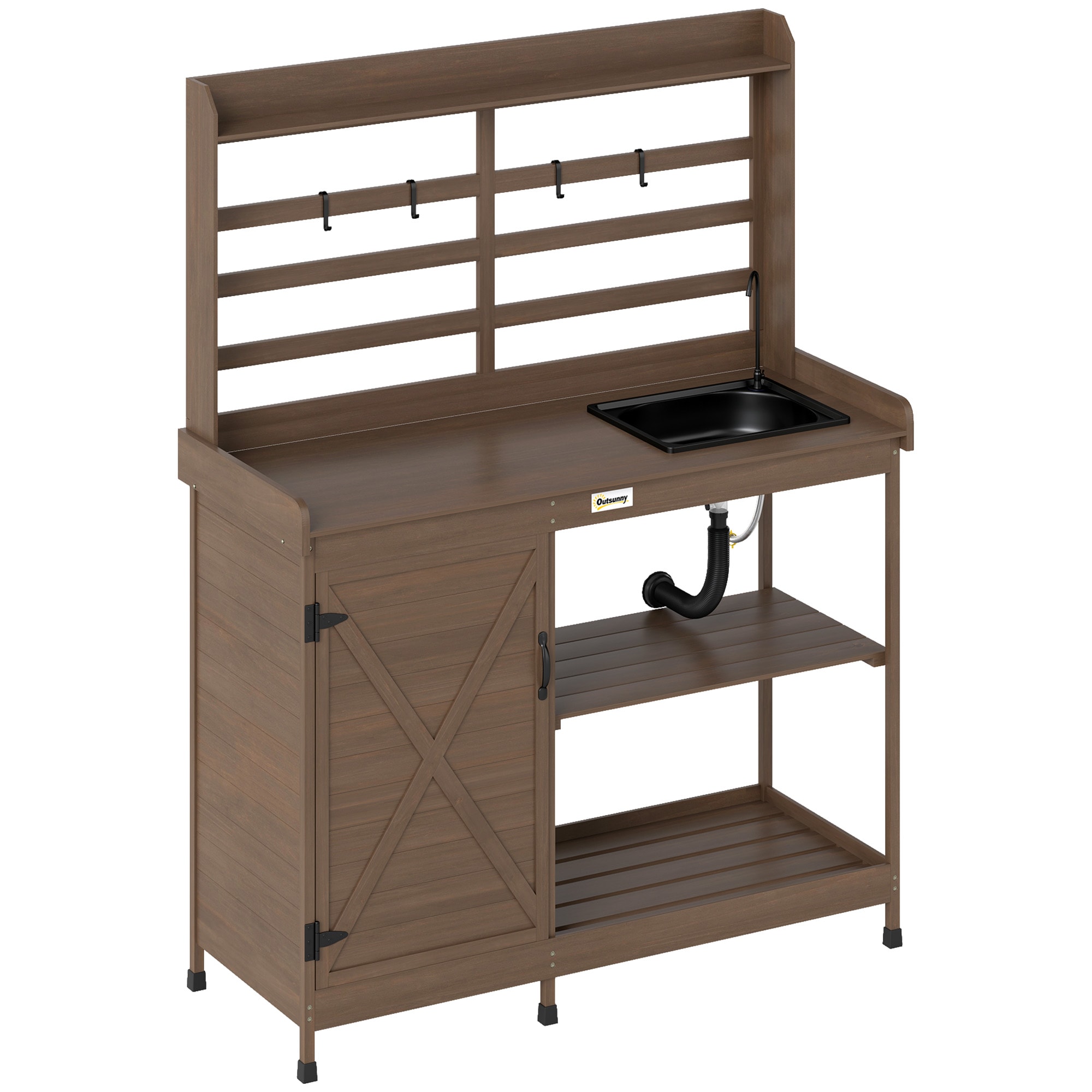 Outsunny 845-941V00CF Wooden Potting Bench Outdoor Potting Table with Storage Cabinet Storage Shelves Sink Water Tap for Backyard Patio Balcony Dark Brown