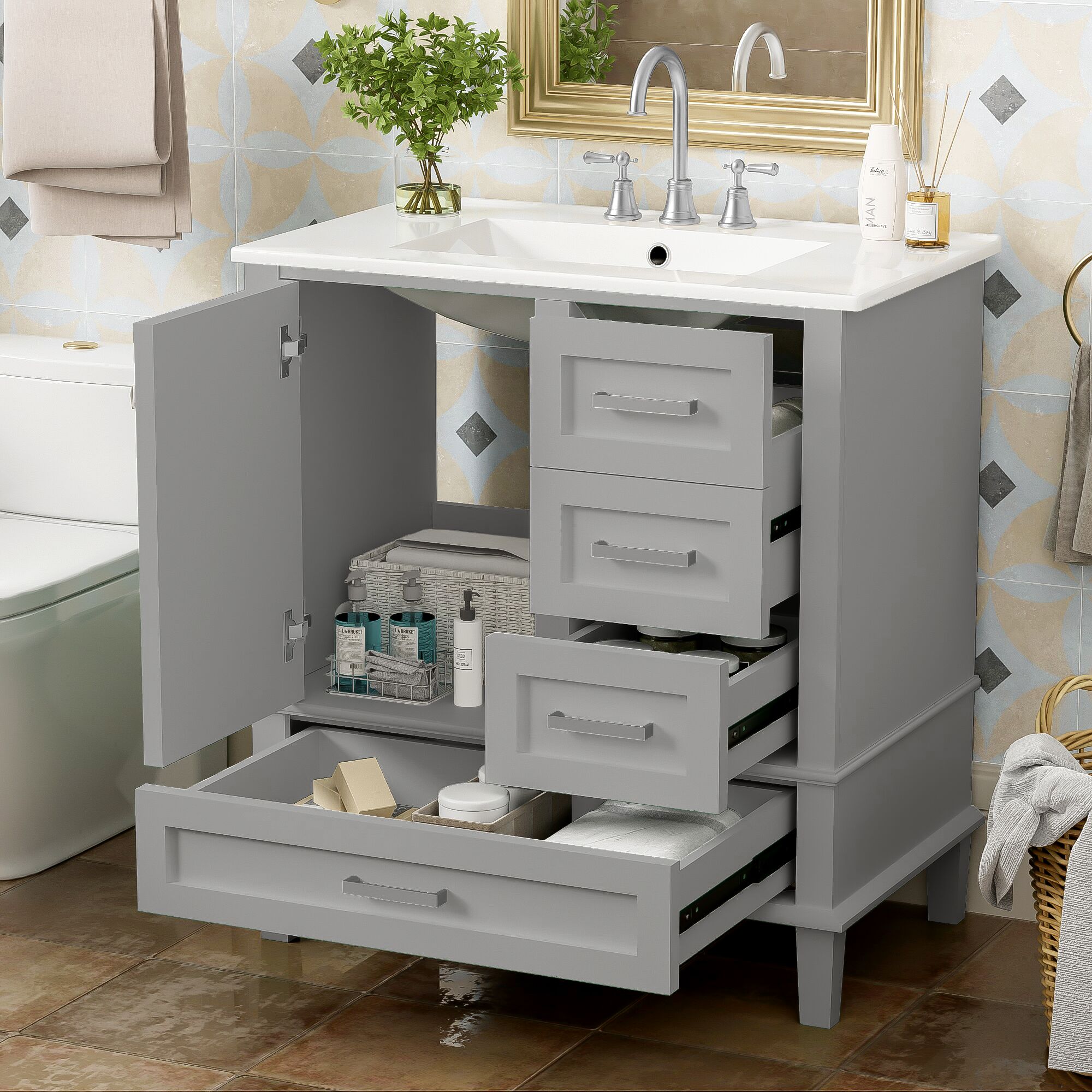LOVMOR SF-M-WF321698AAE 30Inch Bathroom Vanity  Modern Bathroom Cabinet with Sink Combo Set Bathroom Storage Cabinet with a Soft Closing Door and 3 Drawers Solid Wood FrameGrey