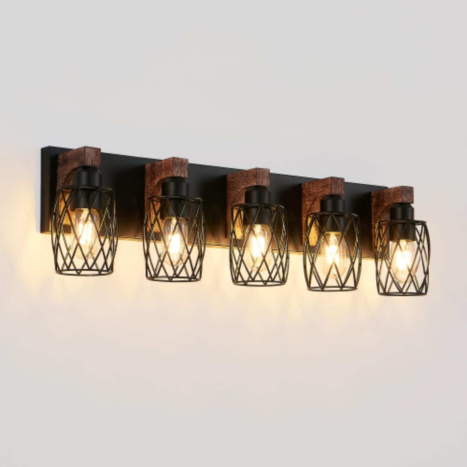 ZHLLMQ Industrial 31-in 5-Light Black Cage Vanity Light with Wood Accents Bathroom Wall Sconce Fixture