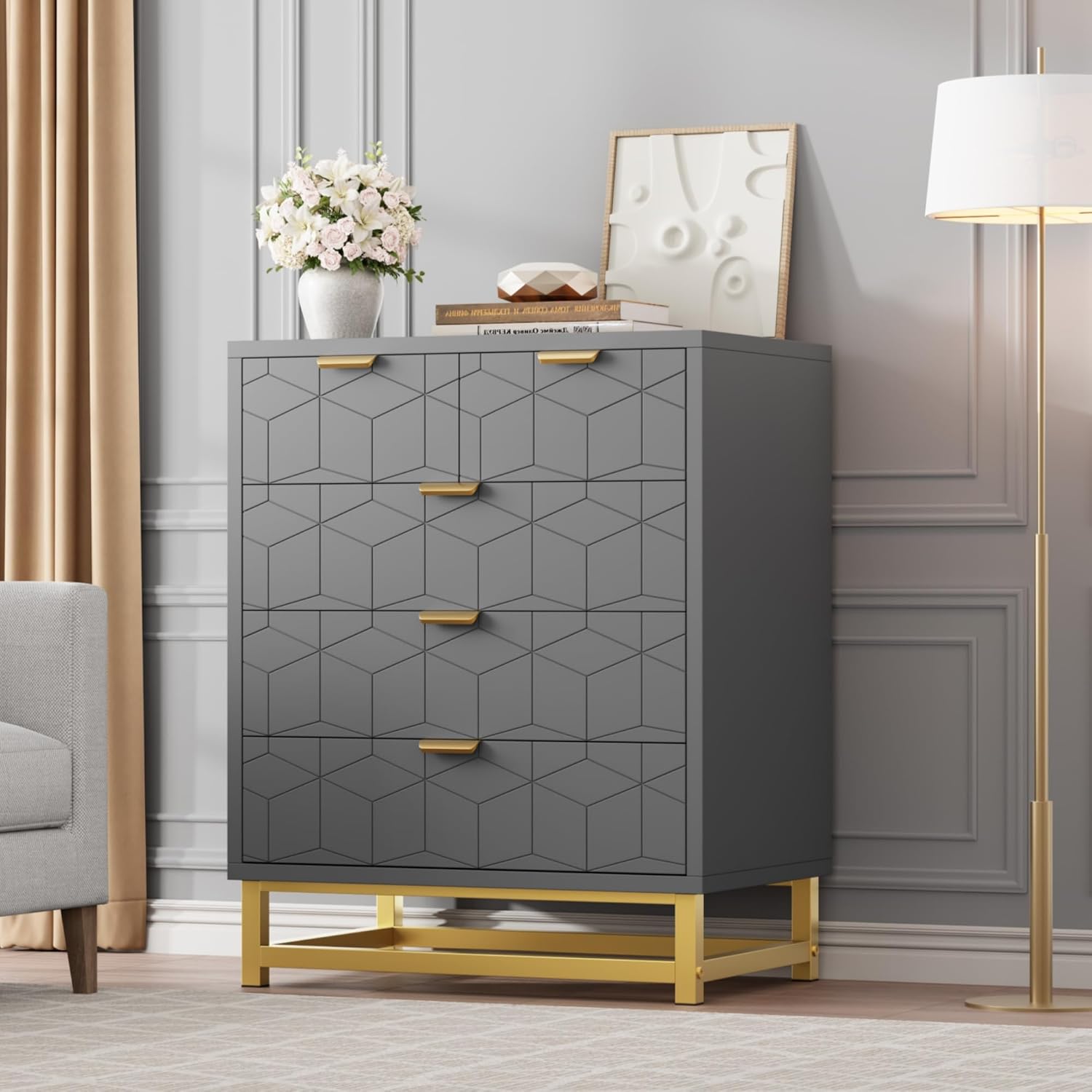 Qeetex GG-W546F049 Modern 5 Drawer Dresser Wide Chest with Gold Metal Legs and Handles Wood Storage Organizer for Bedroom Living Room Hallway Grey
