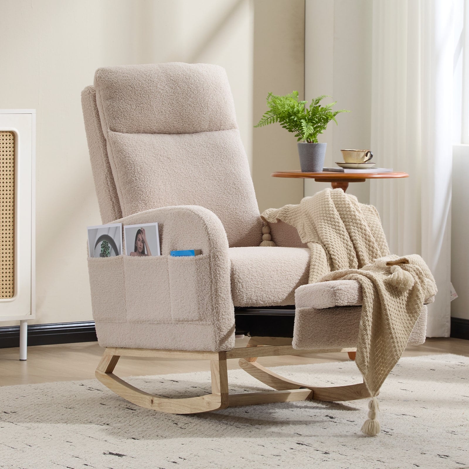 Tatayosi JJ-06660171 Modern Accent Rocking Chair Rocking Chair with Solid Wood Legs; Upholstered Nursery Glider Rocker; Comfy Armchair with Side Pocket; Living Room Lounge Arm Chair with High Backrest (Beige;teddy)