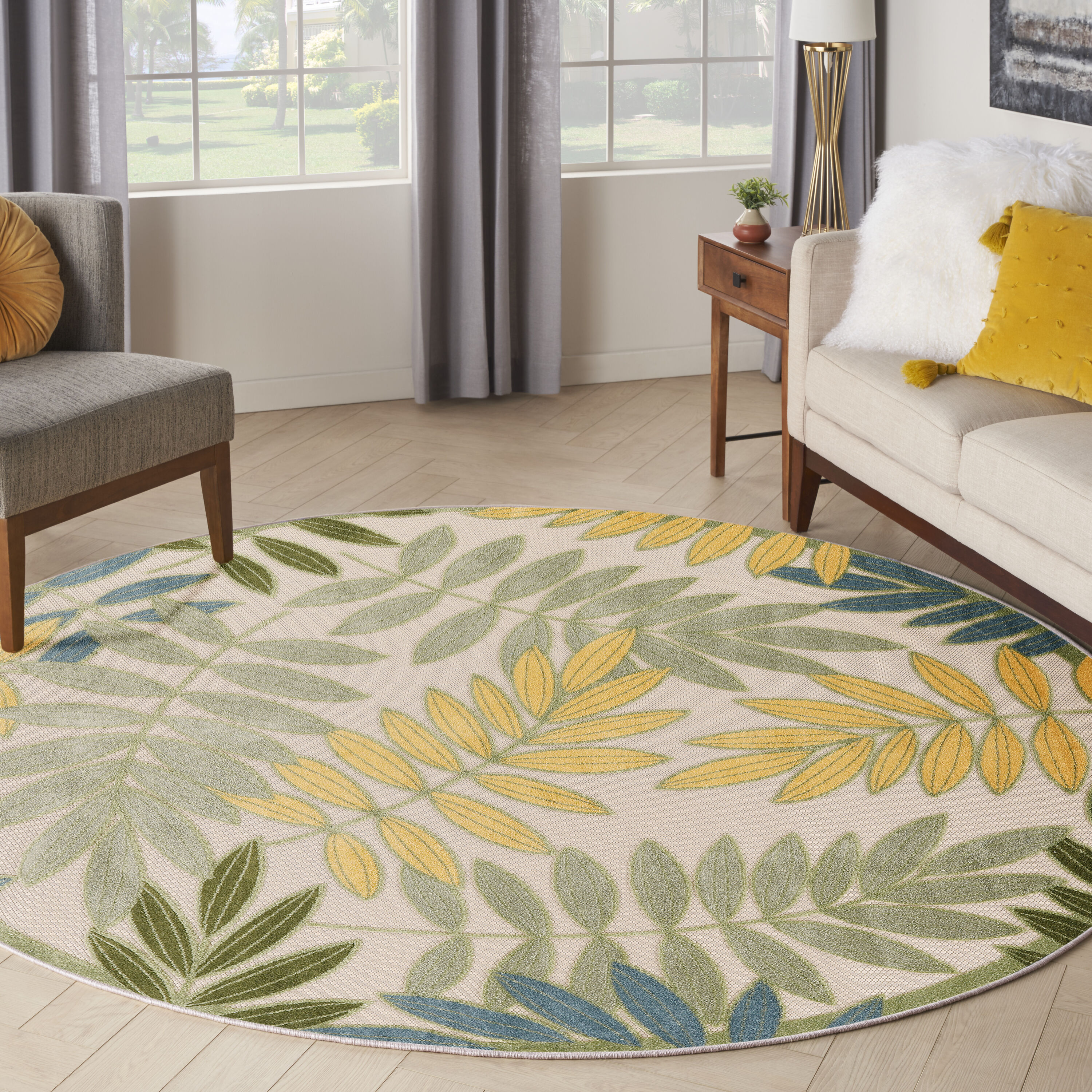 Nourison Home 099446953148 5 x 5 (ft) Loomed Polypropylene Green Multicolor Round Indoor/Outdoor Floral/Botanical Tropical Area rug