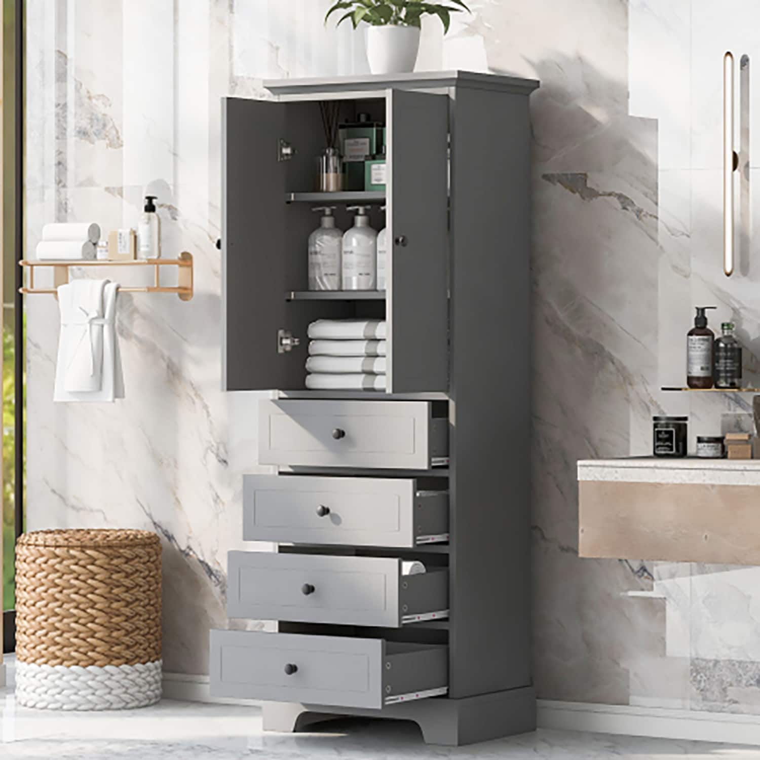 GZMR OLF-7891-LC 23.6-in x 68.1-in x 15.7-in Gray Freestanding Linen Cabinet