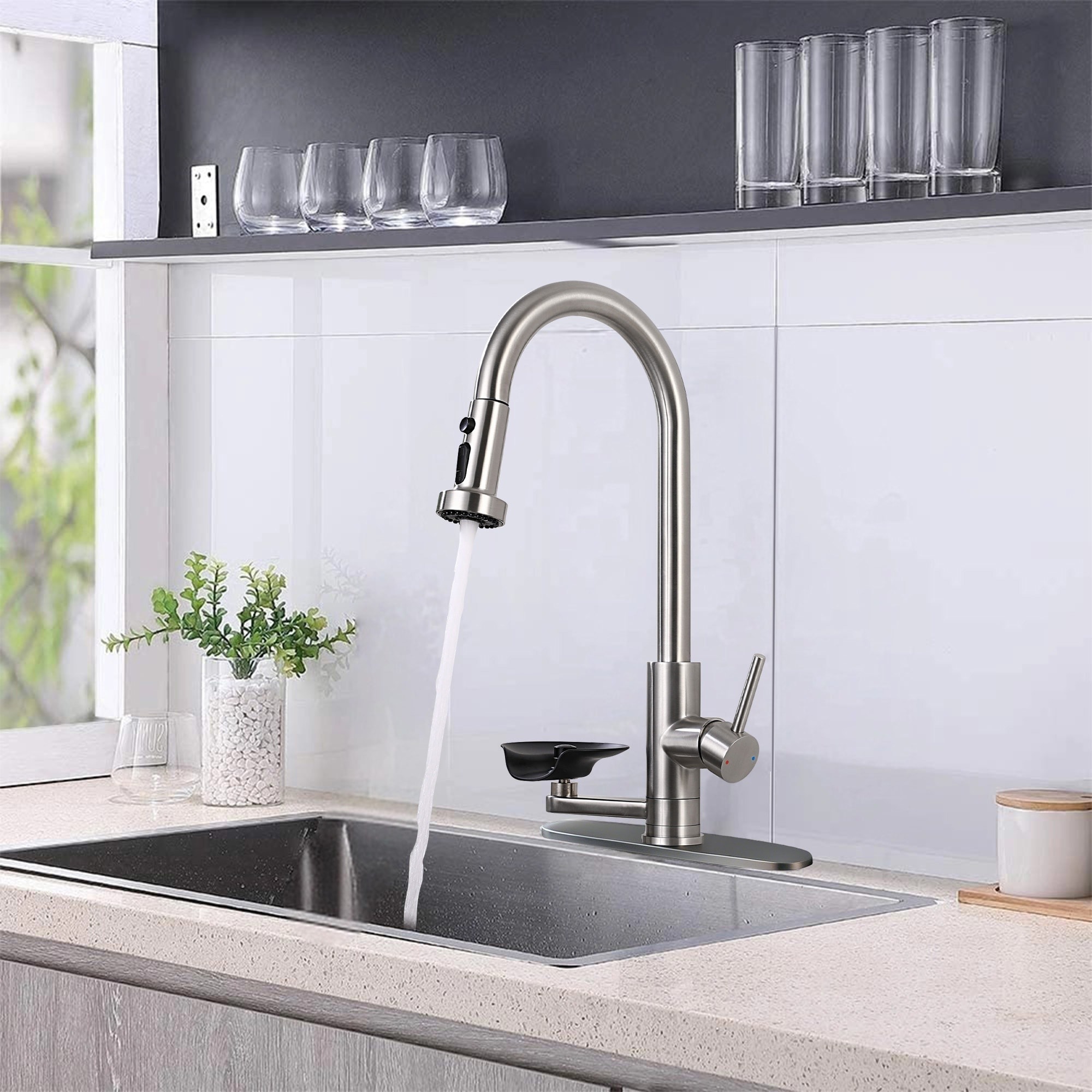 IAK Brushed Nickel 3-in-1 Kitchen Faucet with Press-Type Glass Rinser and High-Arc Pull-Down Sprayer